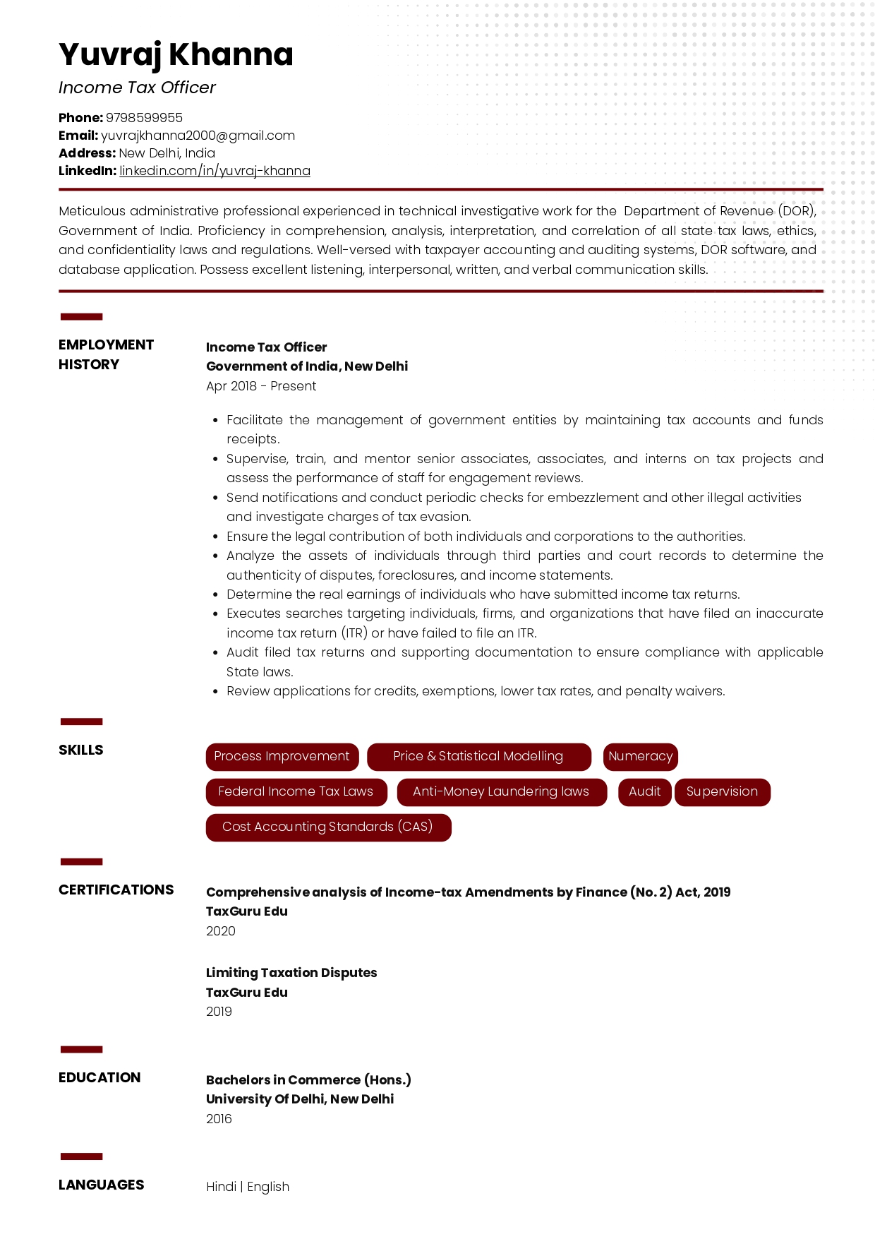 Sample Resume of Income Tax Officer | Free Resume Templates & Samples on Resumod.co