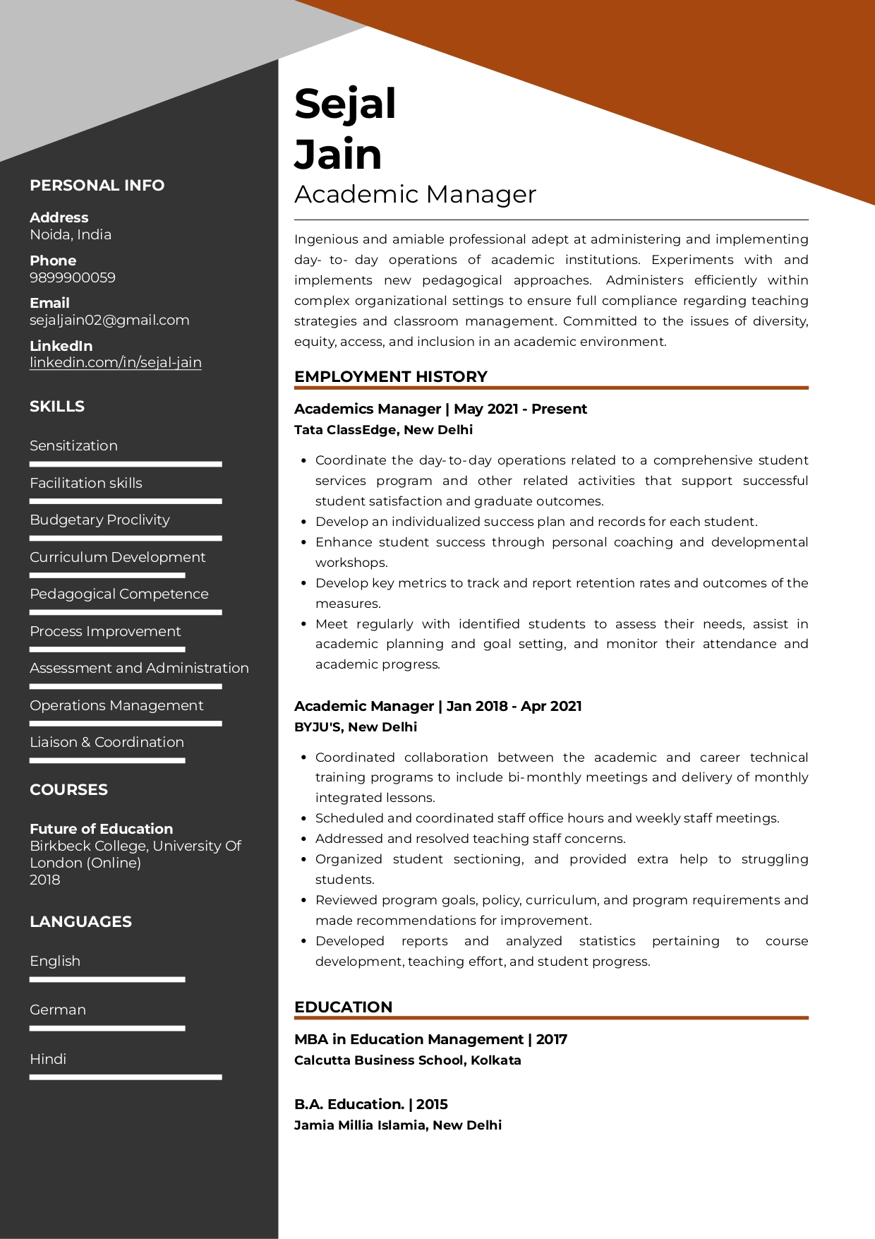 Sample Resume of Academic Manager | Free Resume Templates & Samples on Resumod.co