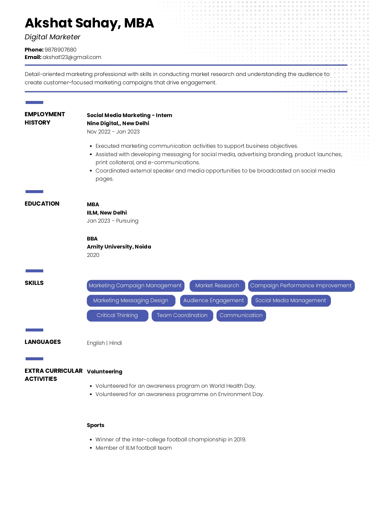 Sample Resume of Digital Marketer | Free Resume Templates & Samples on Resumod.co
