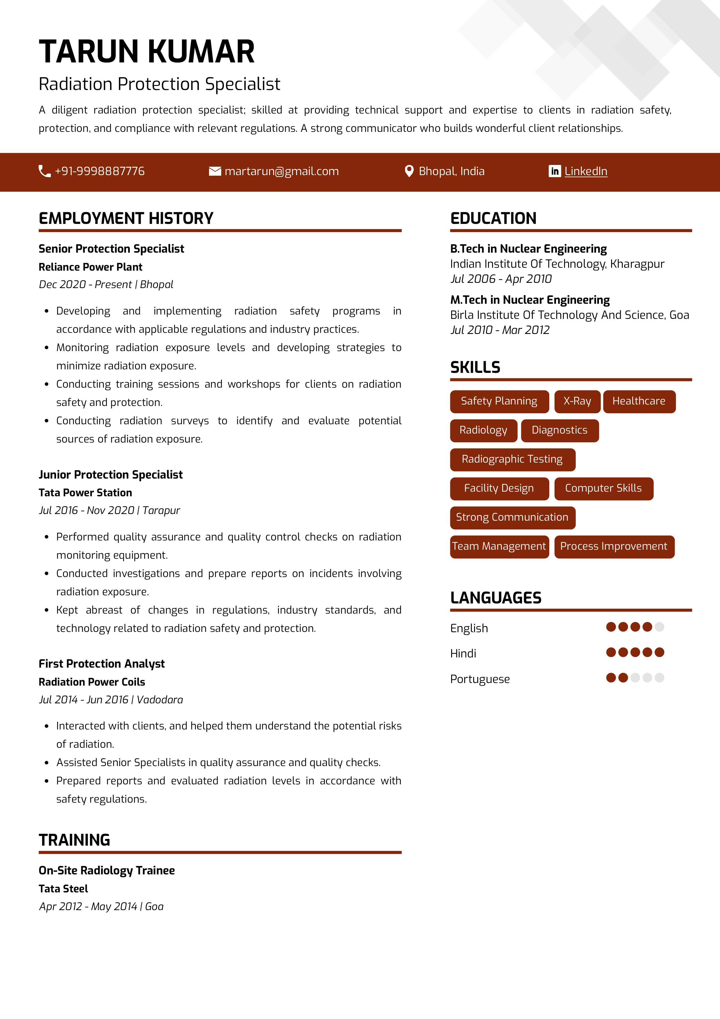 Sample Resume of Radiation Protection Specialist | Free Resume Templates & Samples on Resumod.co