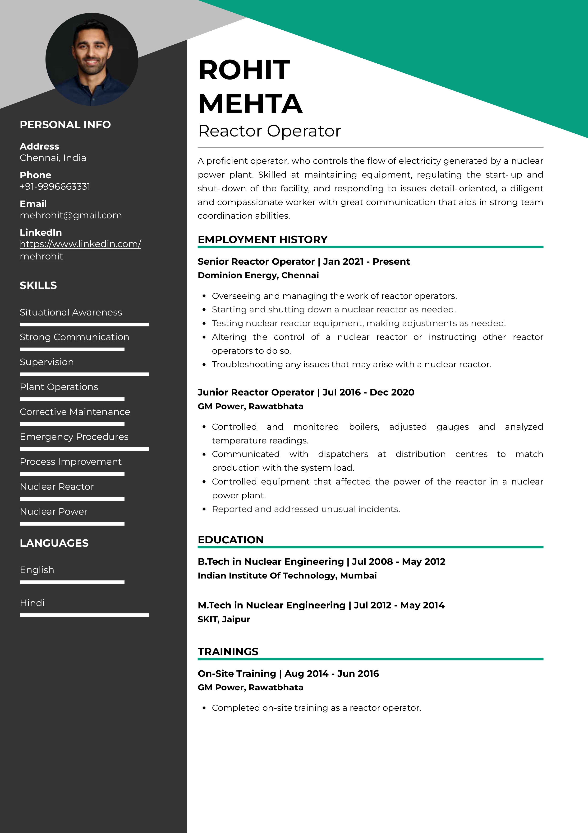 Sample Resume Of Reactor Operator1 With Template Writing Guide