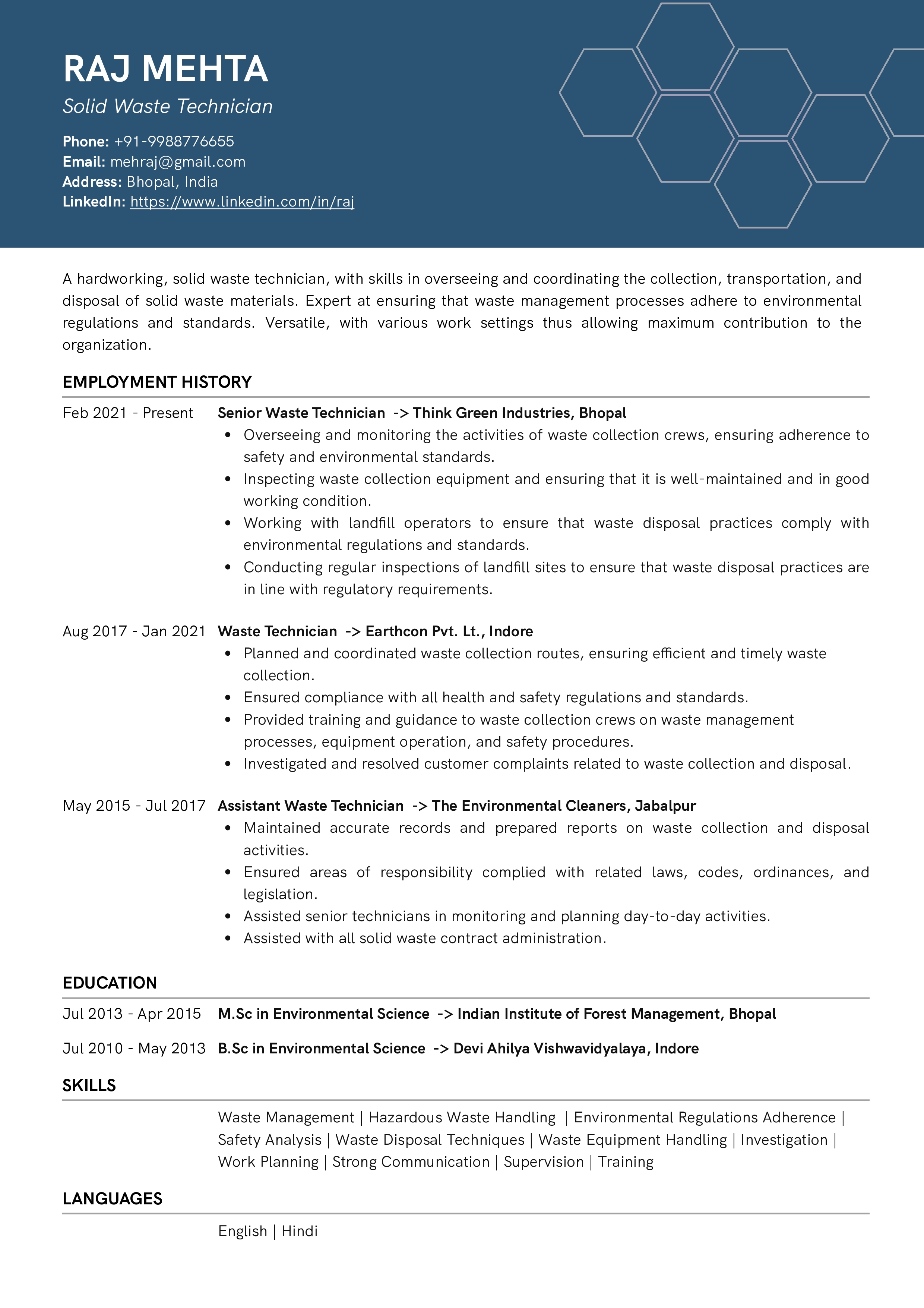 Sample Resume of Solid Waste Technician | Free Resume Templates & Samples on Resumod.co