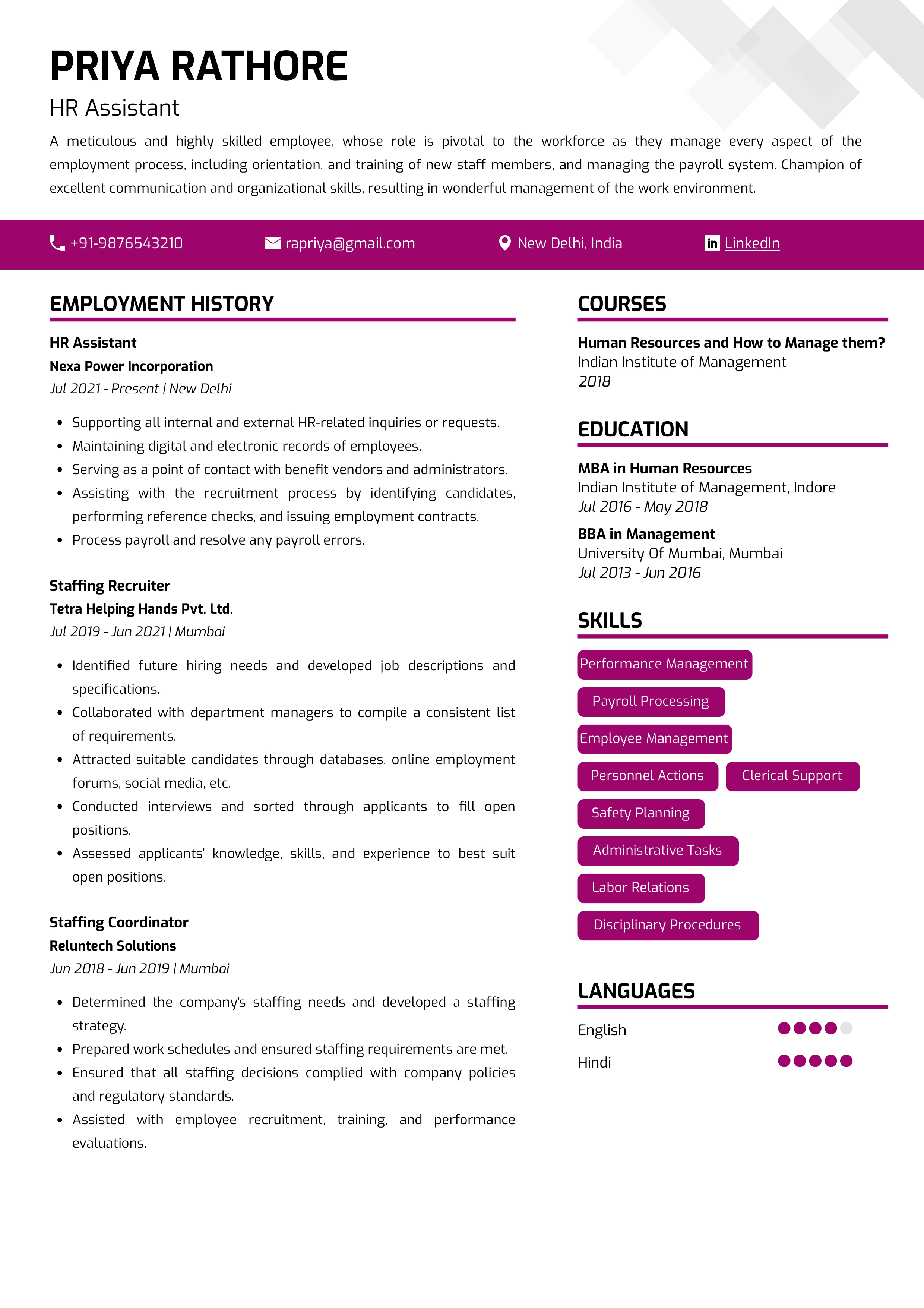 Sample Resume of HR Assistant | Free Resume Templates & Samples on Resumod.co
