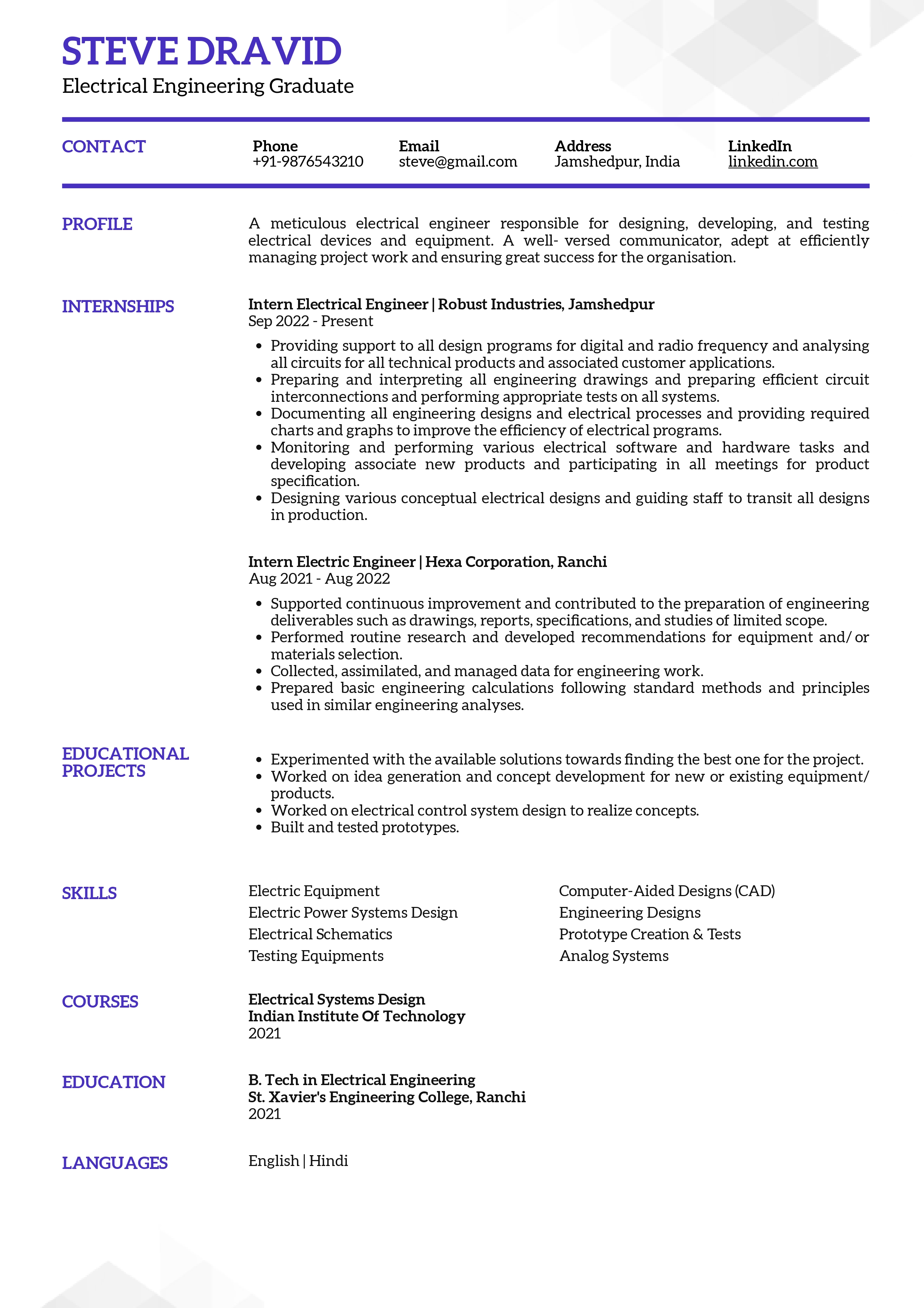 Electrical Engineer Resume Sample