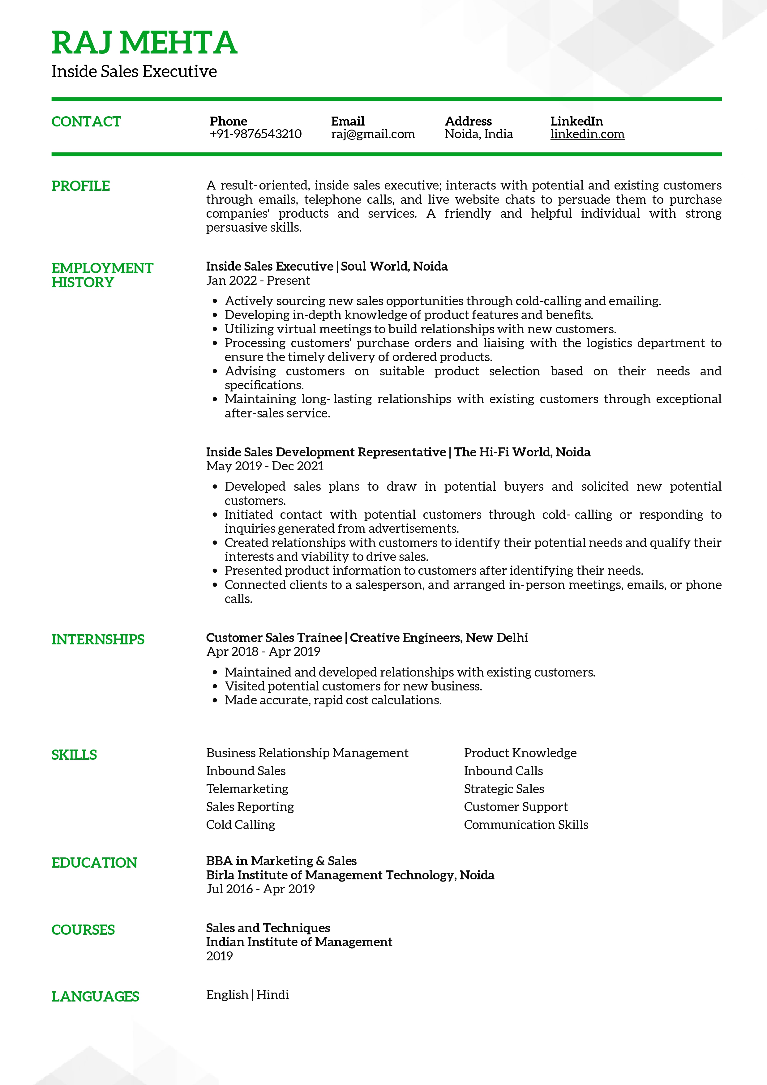 Sample Resume of Inside Sales Executive | Free Resume Templates & Samples on Resumod.co