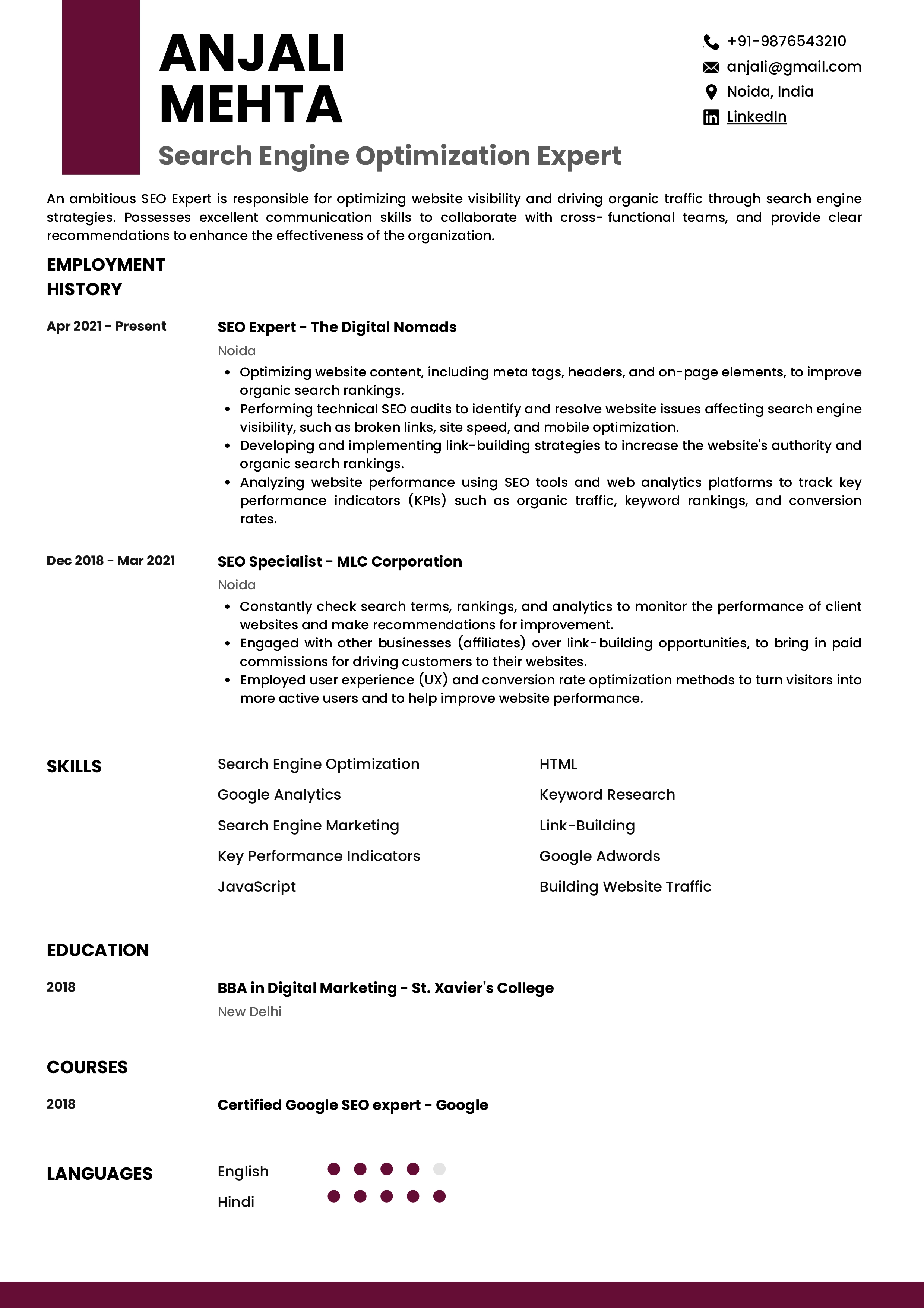 Sample Resume of Search Engine Optimisation (SEO) Expert | Free Resume Templates & Samples on Resumod.co