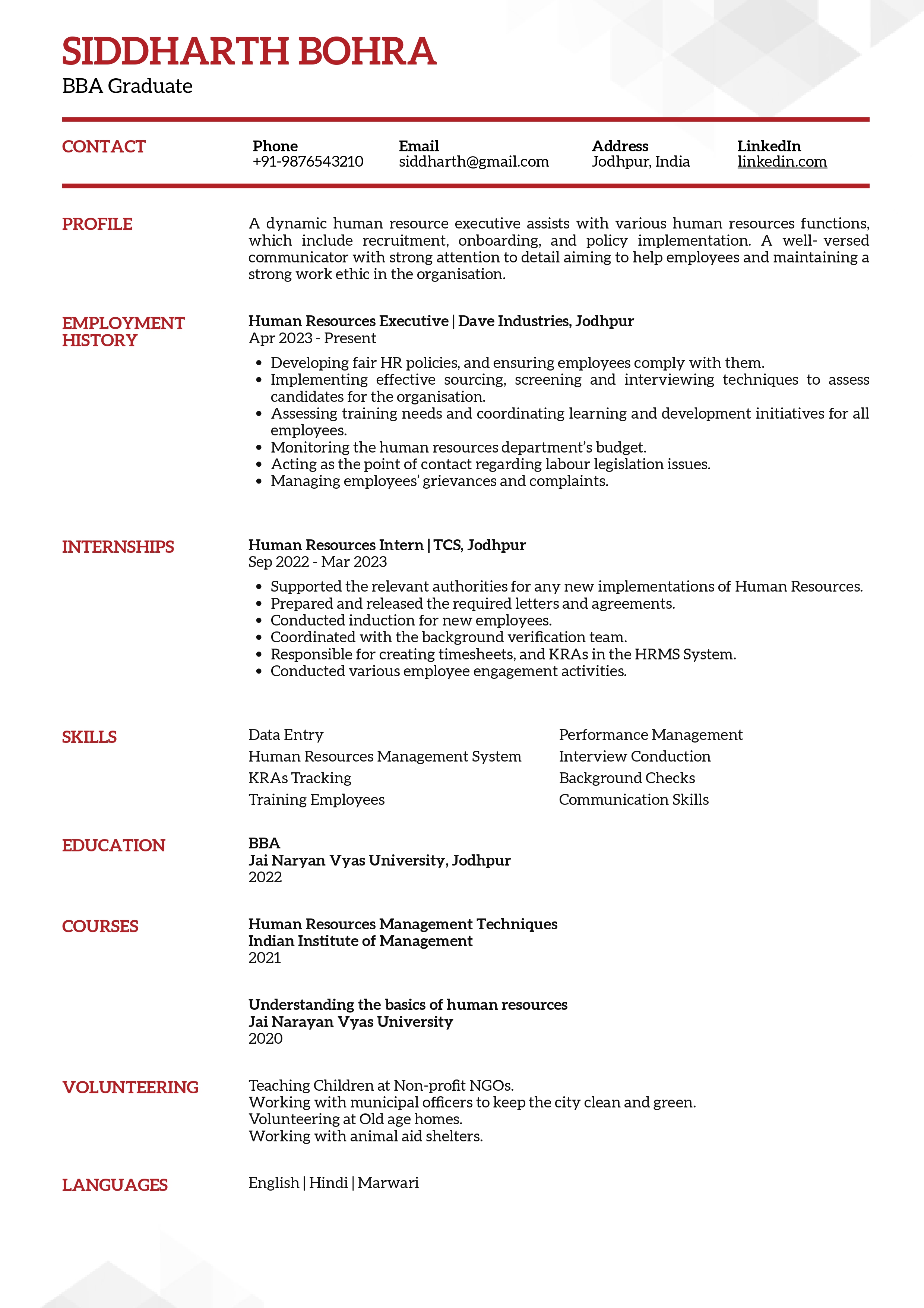 Sample Resume of BBA Graduate | Free Resume Templates & Samples on Resumod.co