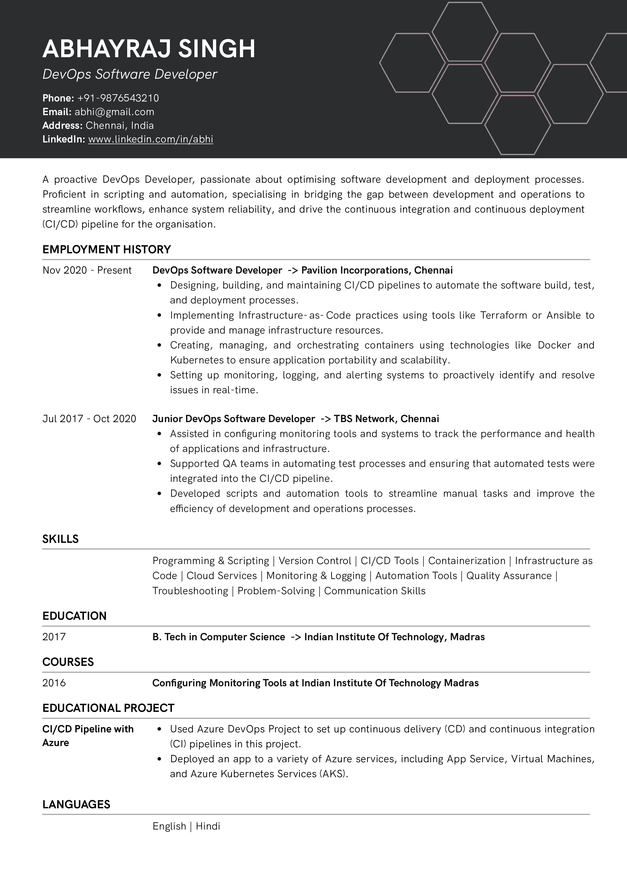 Sample Resume of DevOps Software Developer | Free Resume Templates & Samples on Resumod.co