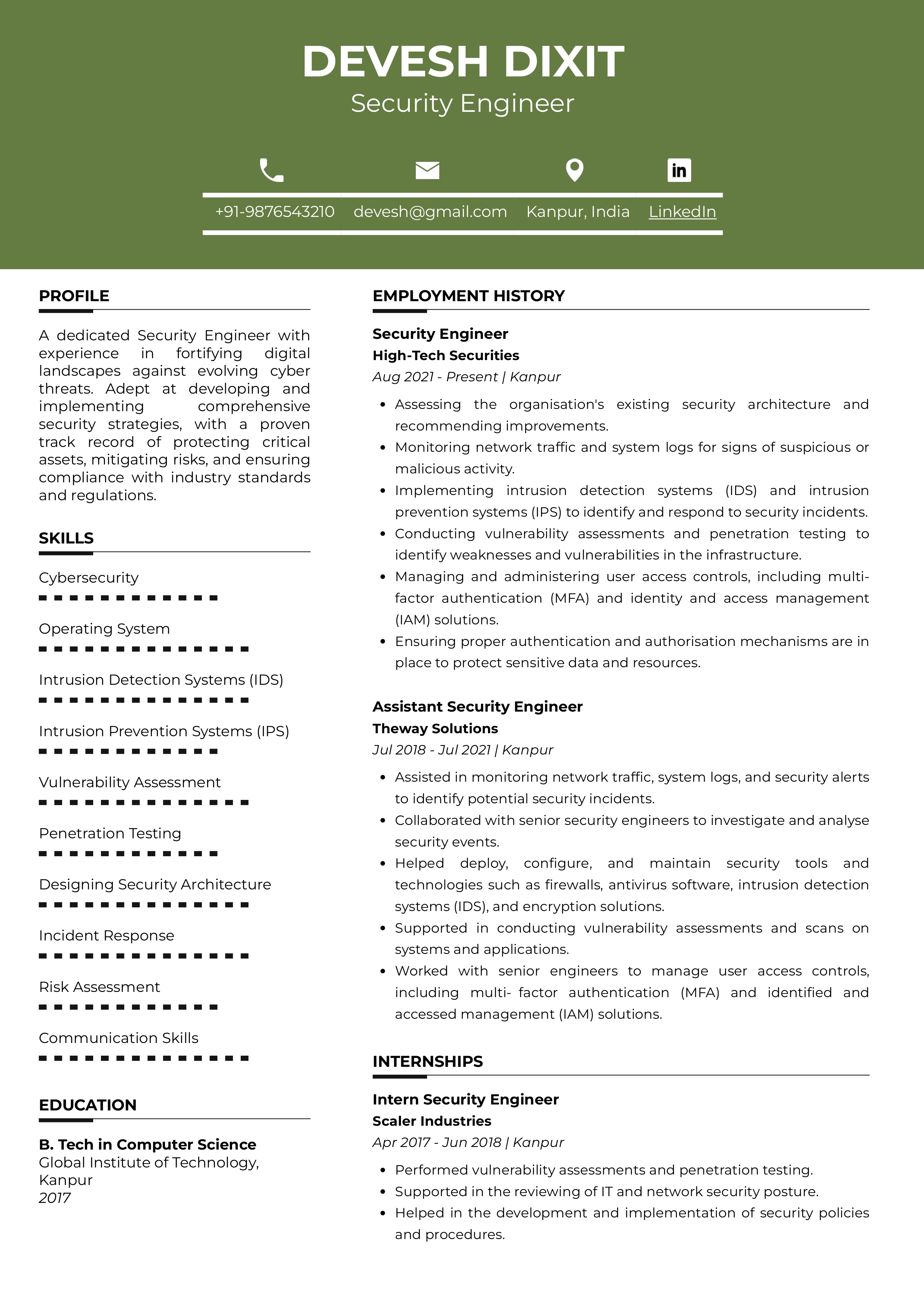 Sample Resume of Security Engineer | Free Resume Templates & Samples on Resumod.co