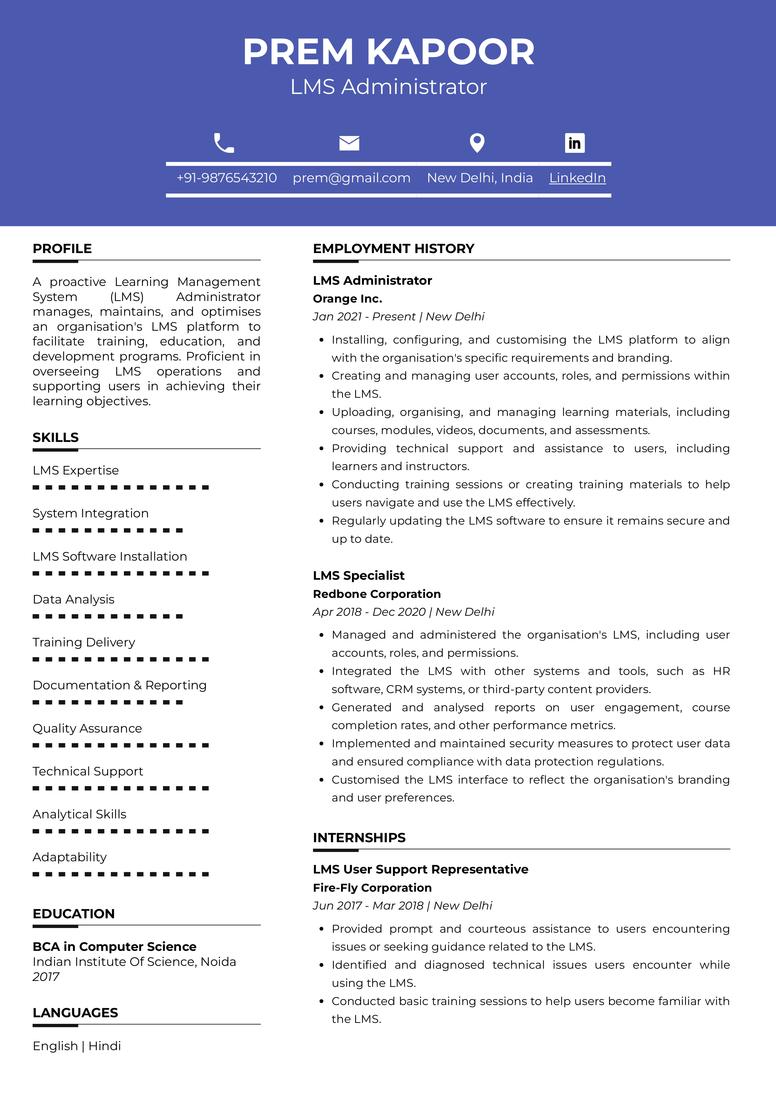 Sample Resume of LMS Administrator | Free Resume Templates & Samples on Resumod.co