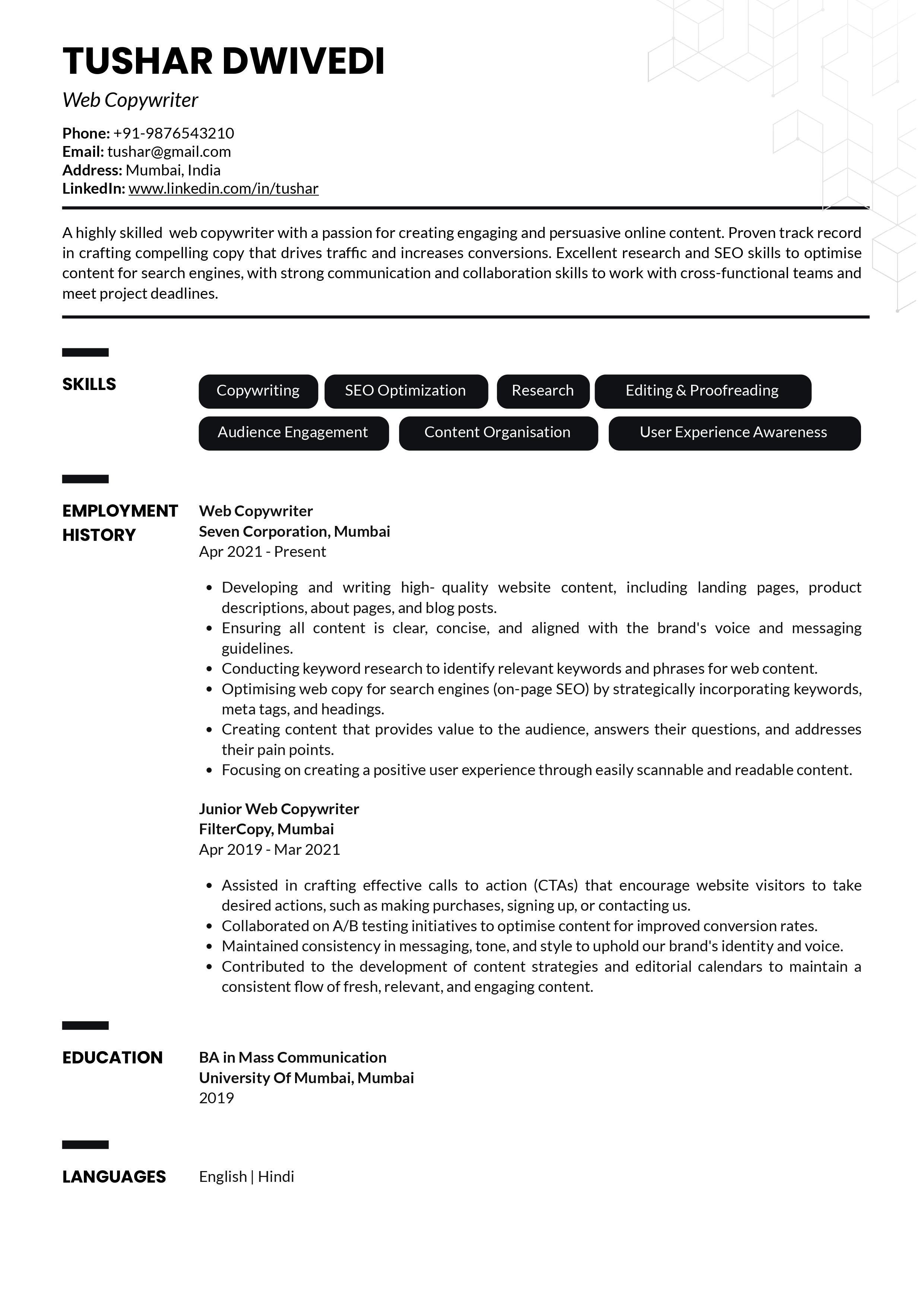 Sample Resume of Web Copywriter | Free Resume Templates & Samples on Resumod.co
