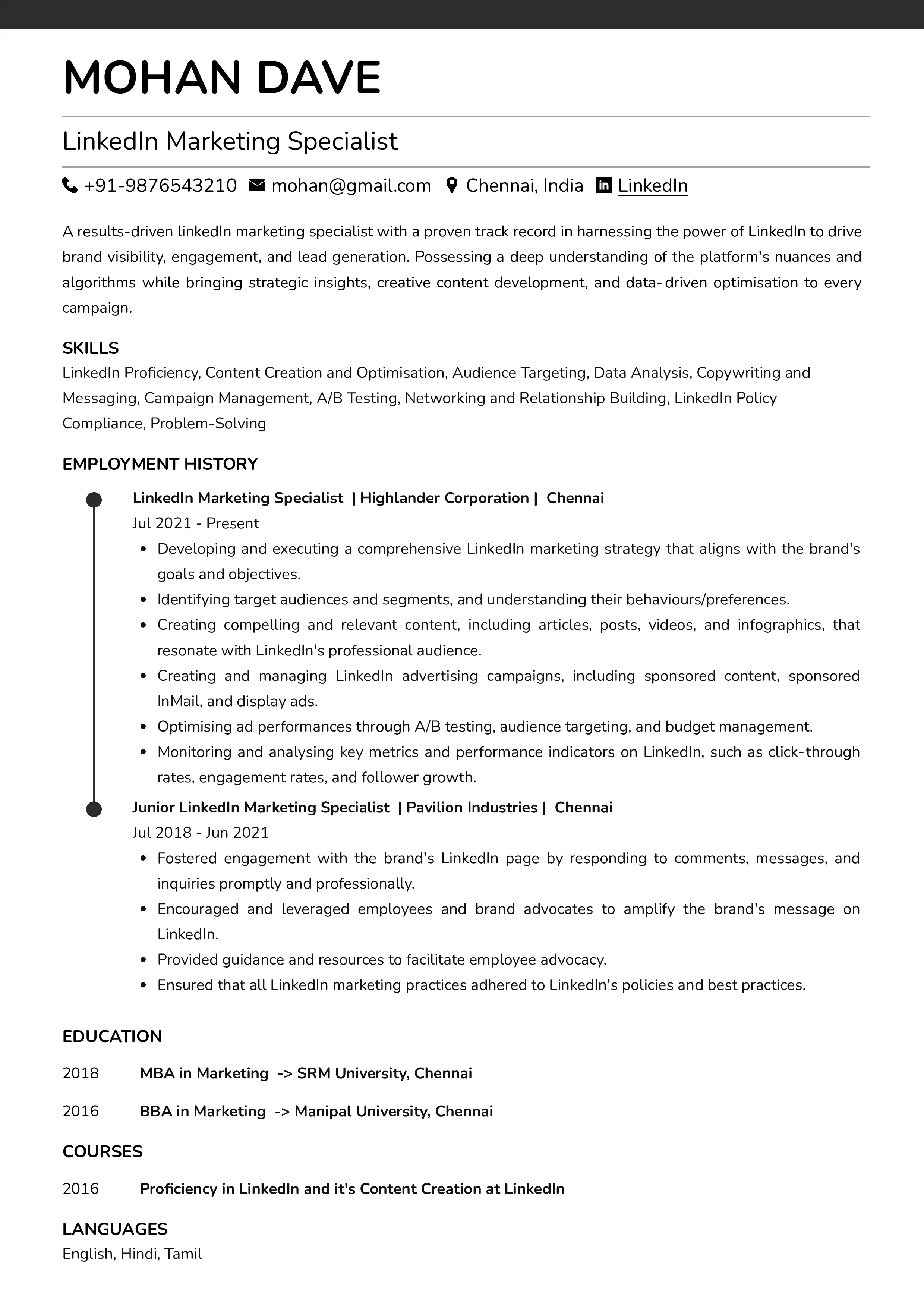 Sample Resume of LinkedIn Marketing Specialist | Free Resume Templates & Samples on Resumod.co