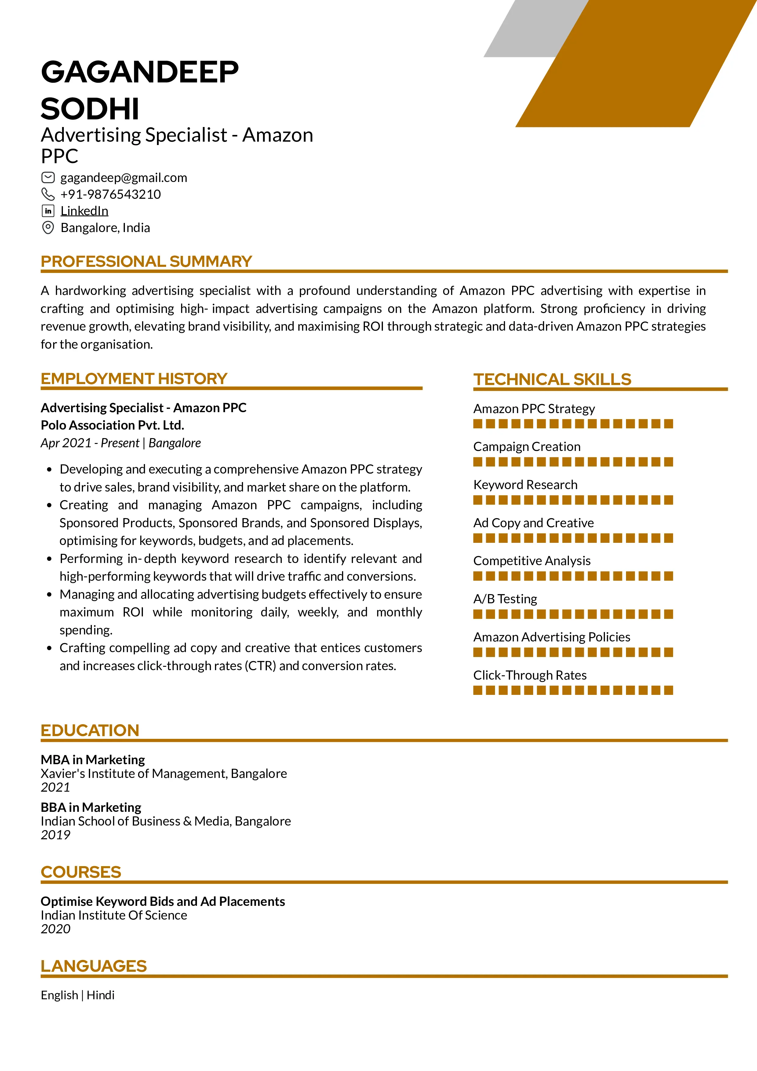 Sample Resume of Advertising Specialist - Amazon PPC | Free Resume Templates & Samples on Resumod.co