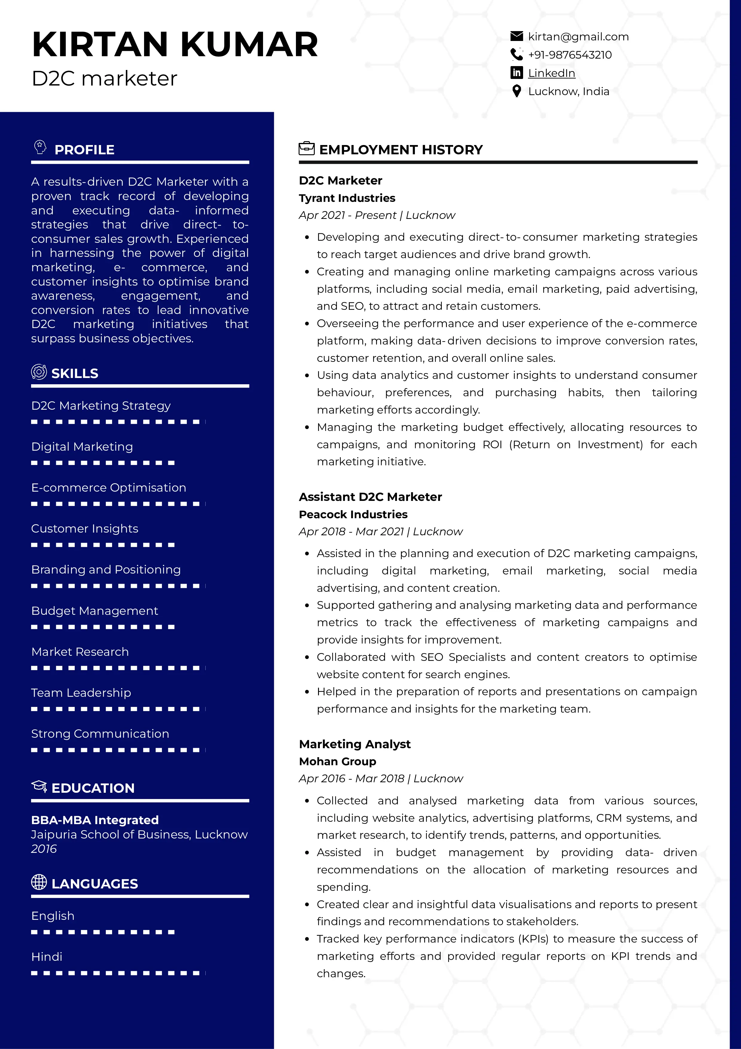 Sample Resume of D2C Marketer | Free Resume Templates & Samples on Resumod.co