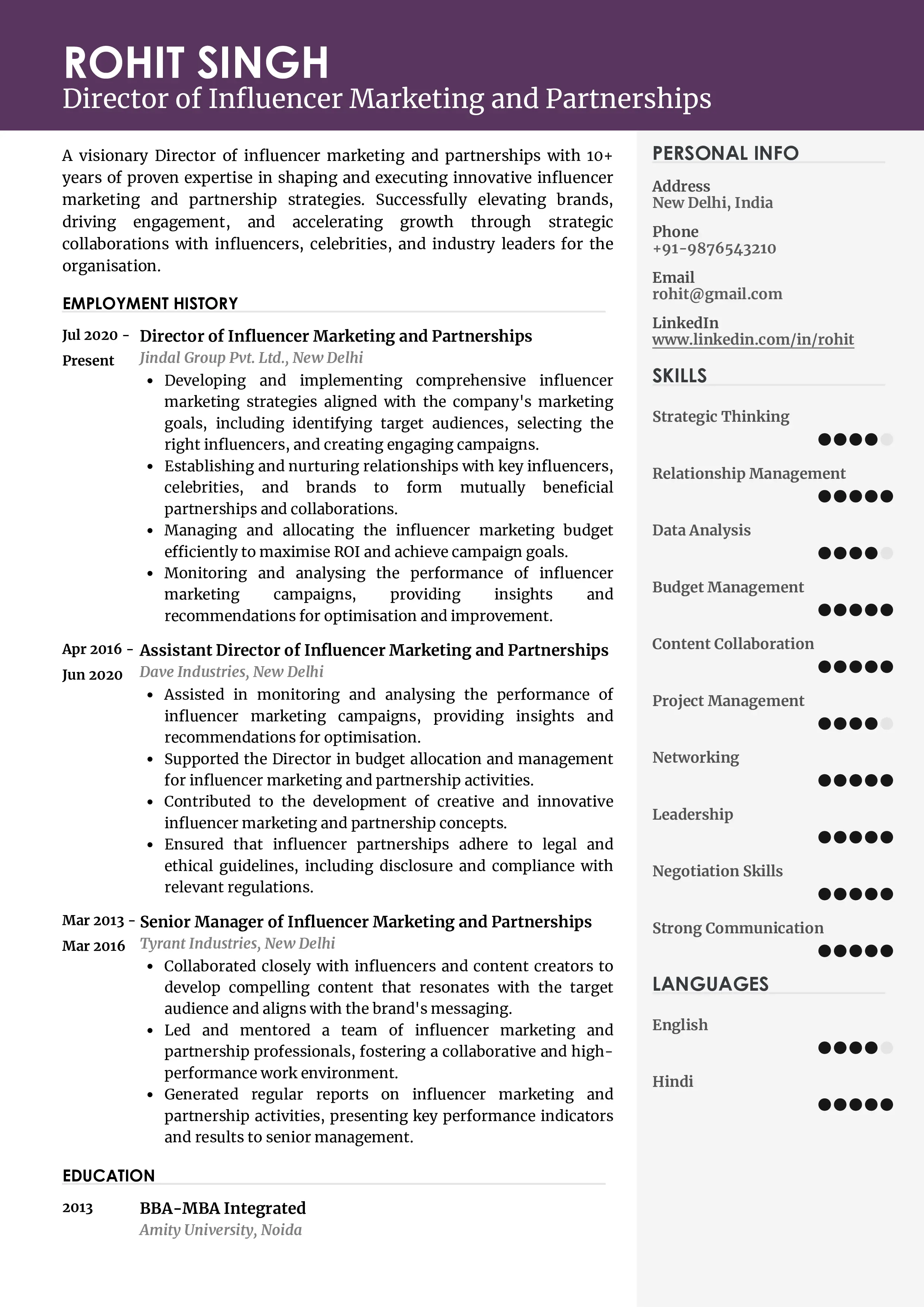 Sample Resume of Director of Influencer Marketing and Partnerships | Free Resume Templates & Samples on Resumod.co