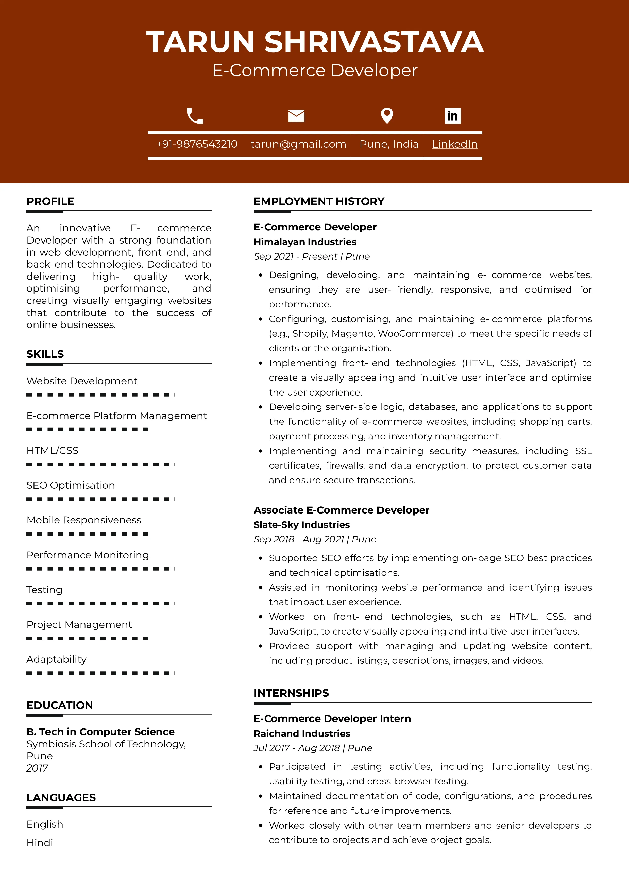 Sample Resume of  E-Commerce Developer | Free Resume Templates & Samples on Resumod.co