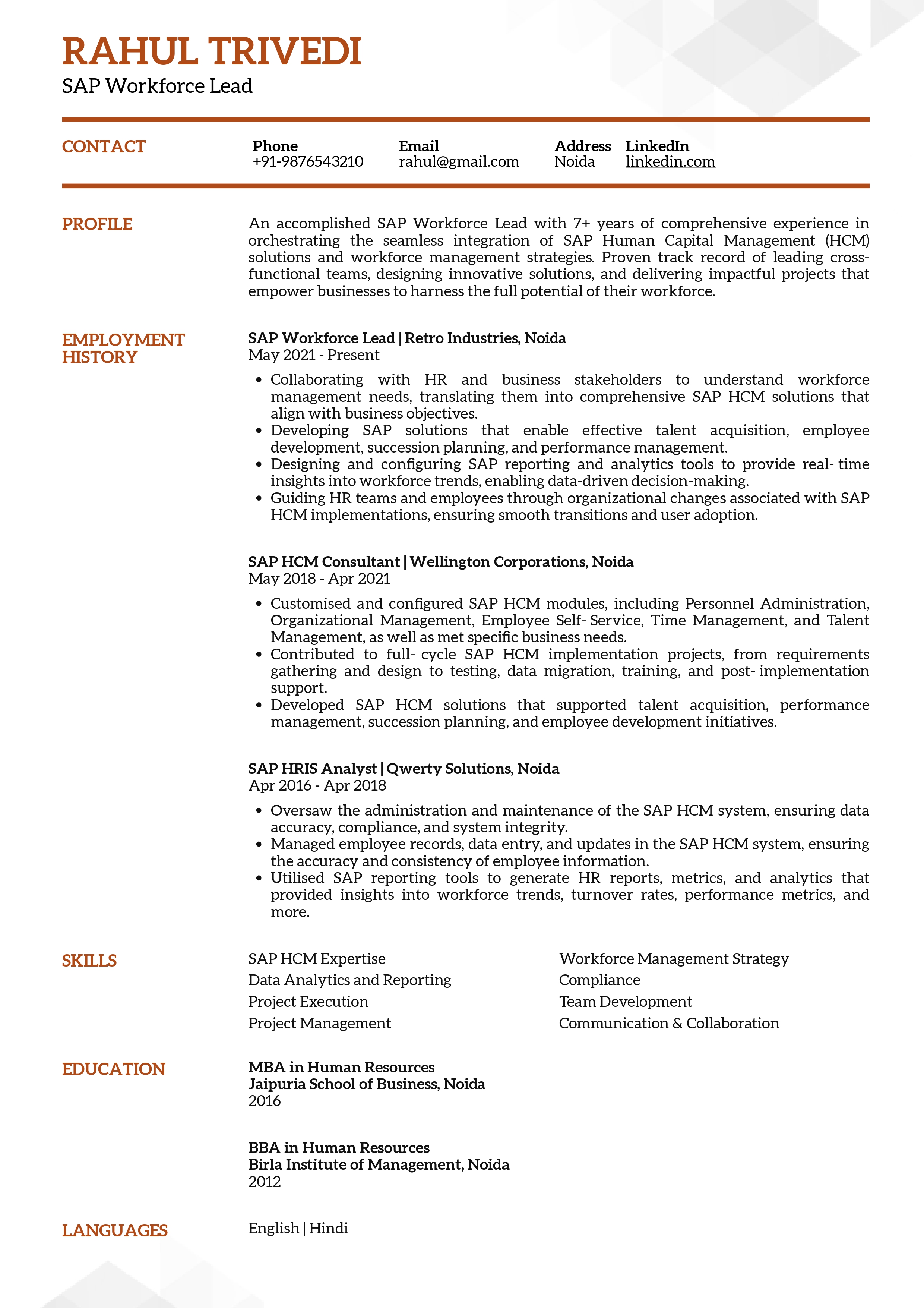 Sample Resume of SAP Workforce Lead | Free Resume Templates & Samples on Resumod.co