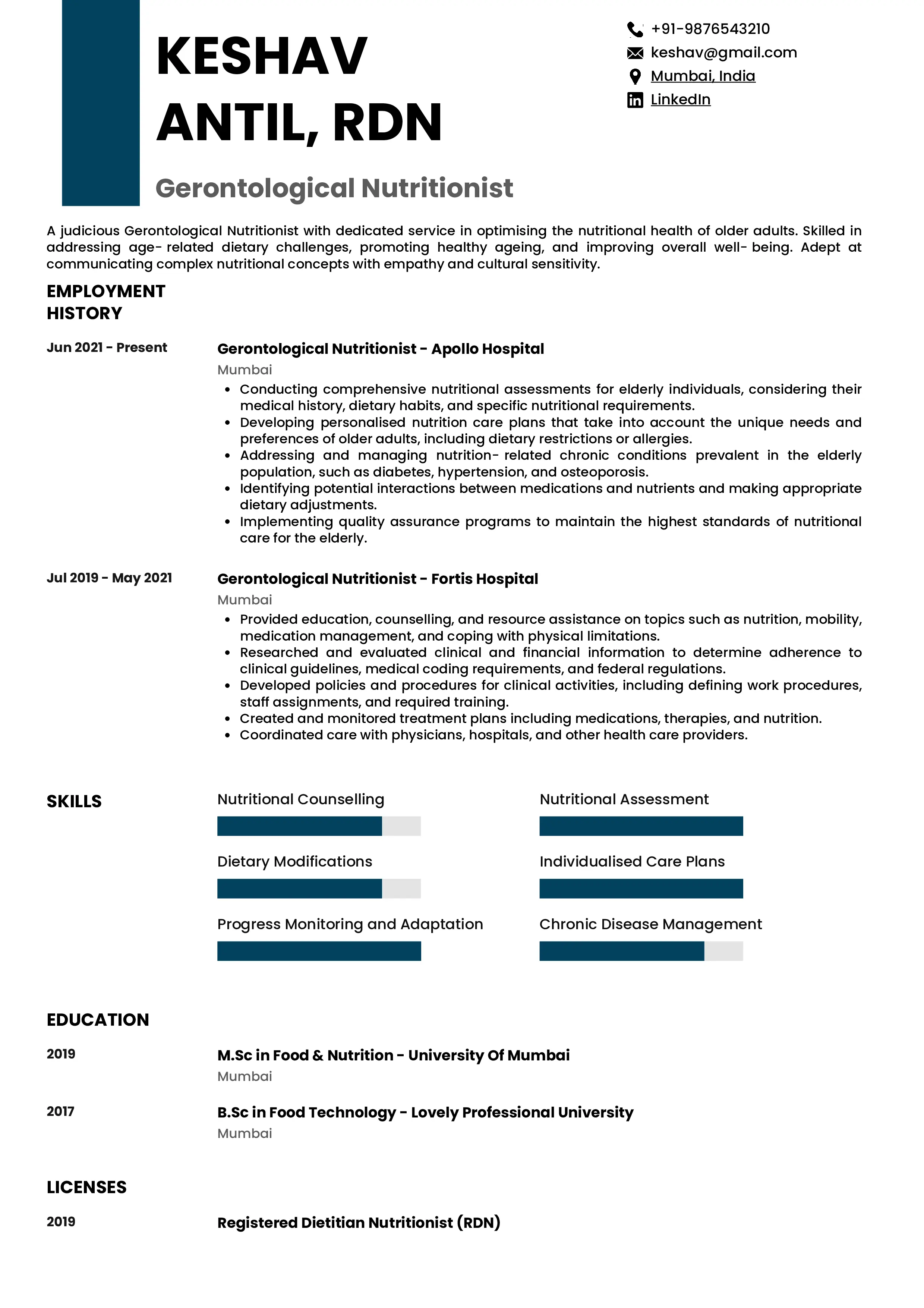 Sample Resume of Gerontological Nutritionist | Free Resume Templates & Samples on Resumod.co