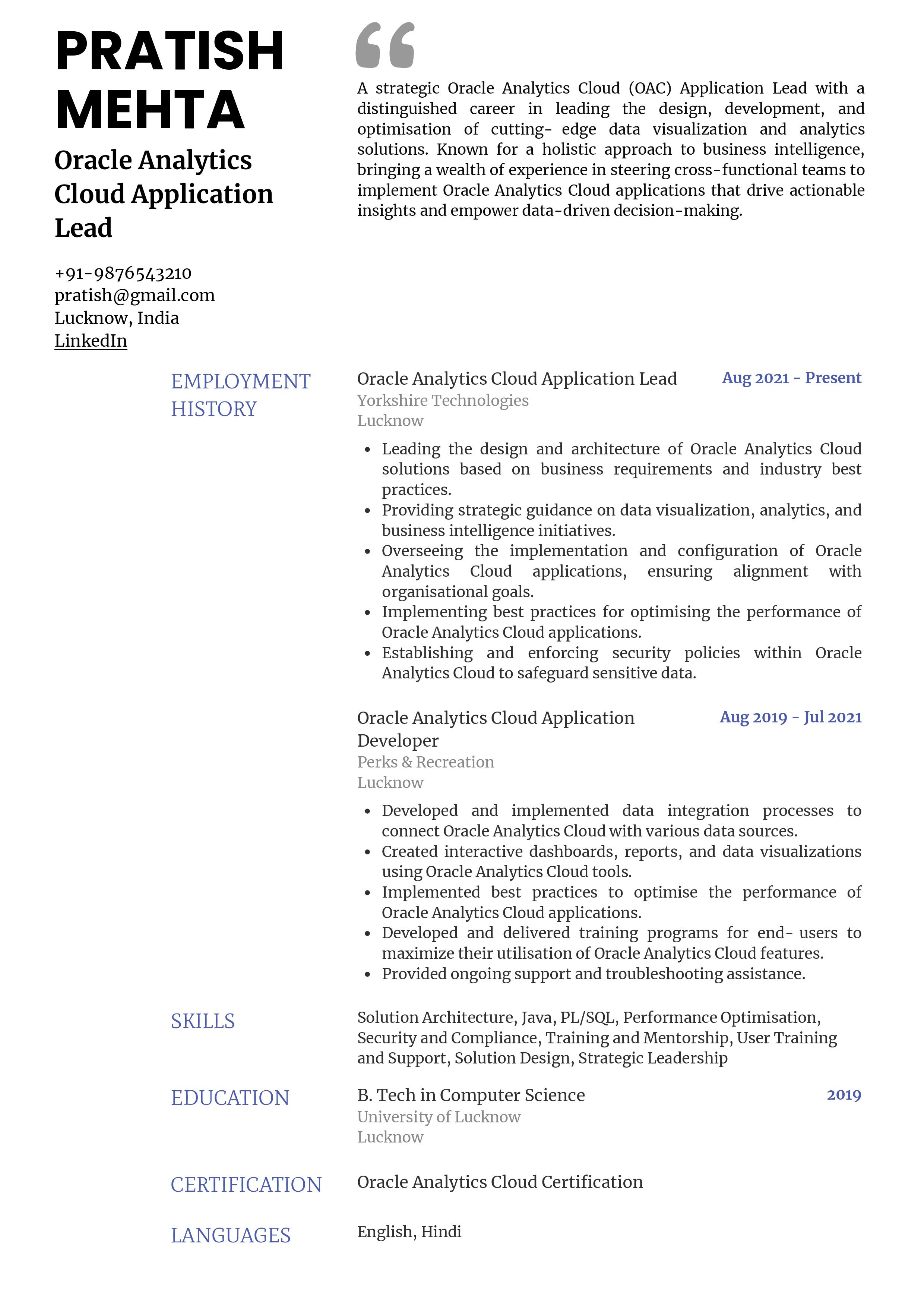 Sample Resume of Oracle Analytics Cloud Application Lead | Free Resume Templates & Samples on Resumod.co