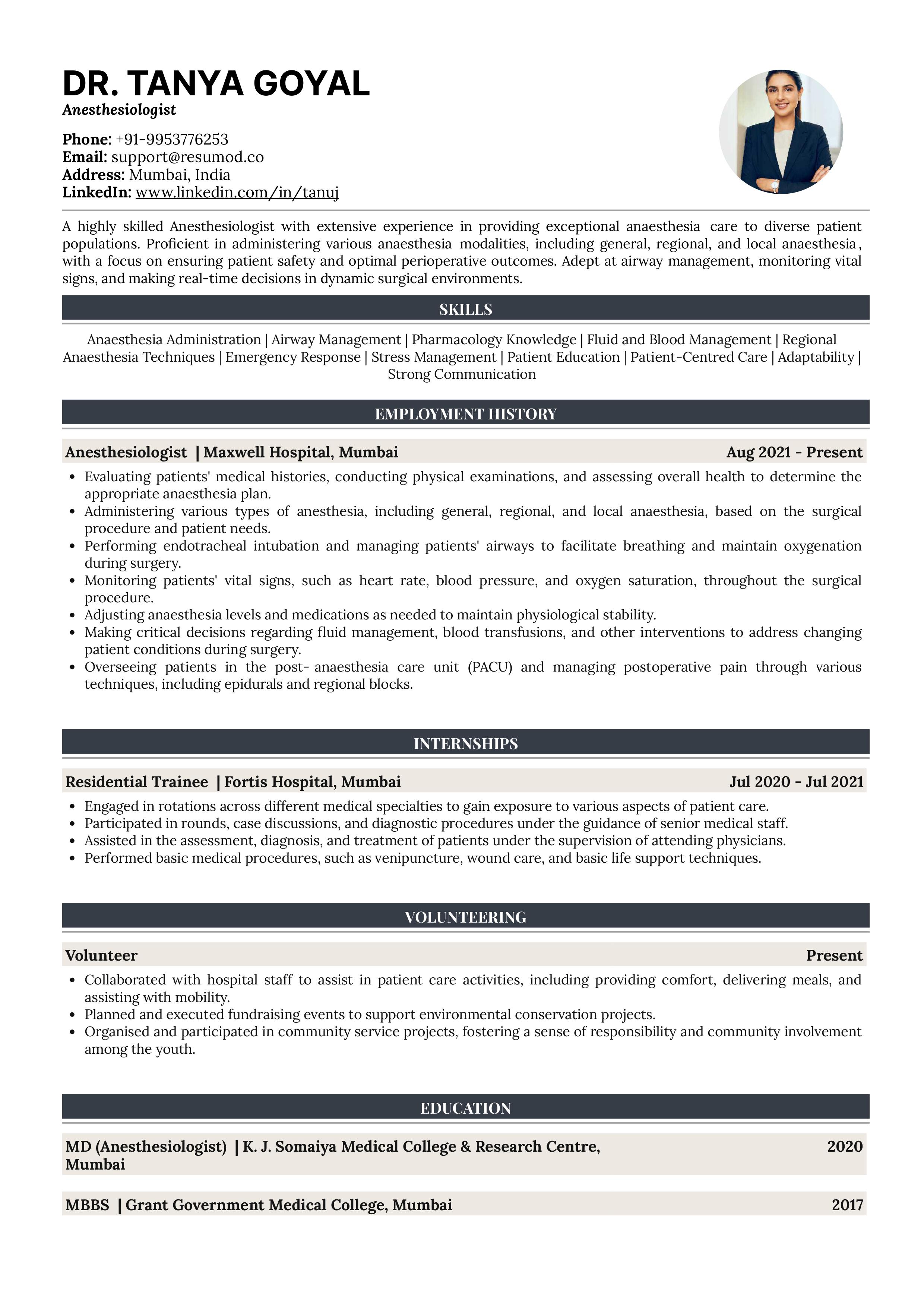 Sample Resume of Anesthesiologist | Free Resume Templates & Samples on Resumod.co