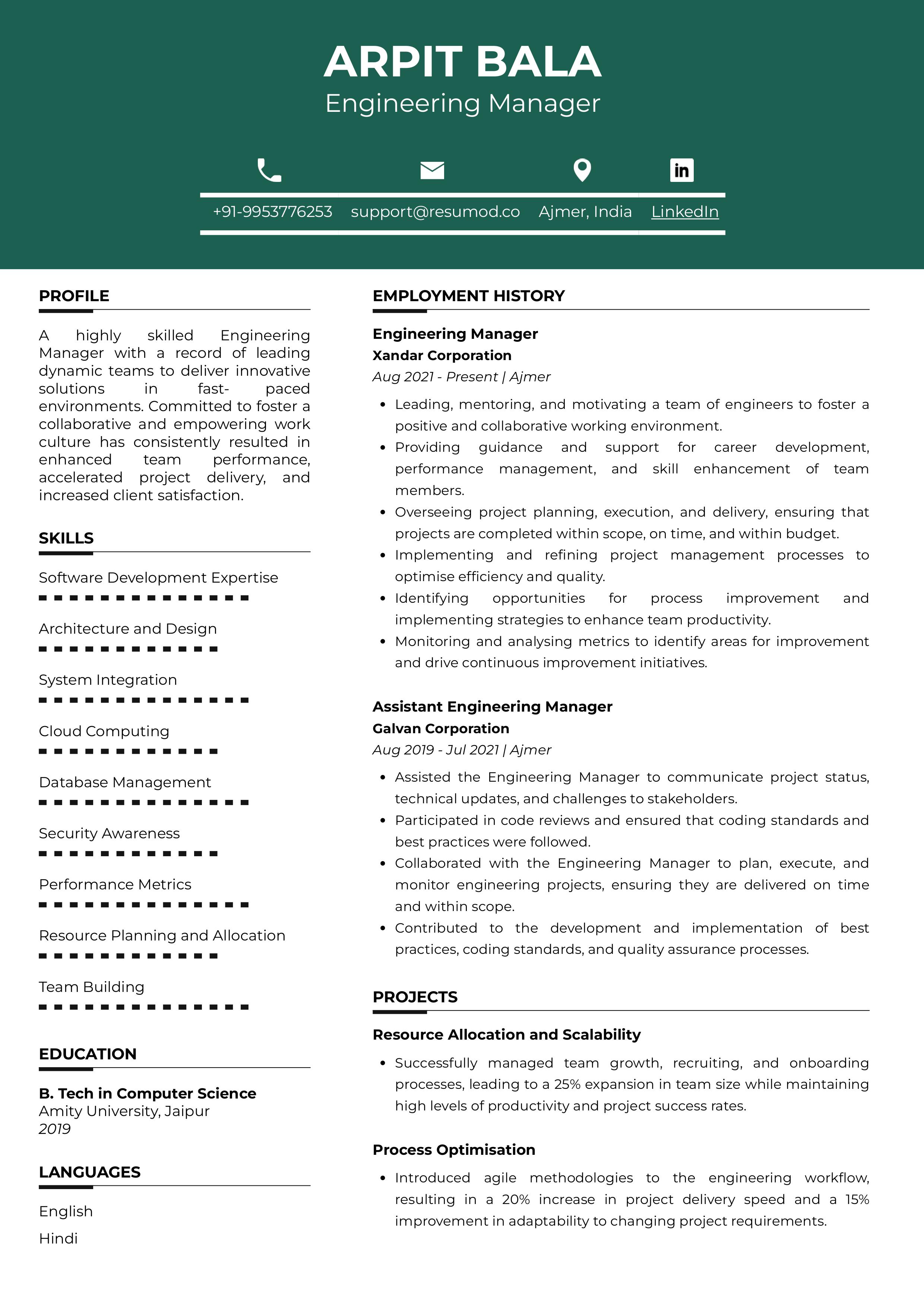 Sample Resume of Engineering Manager | Free Resume Templates & Samples on Resumod.co