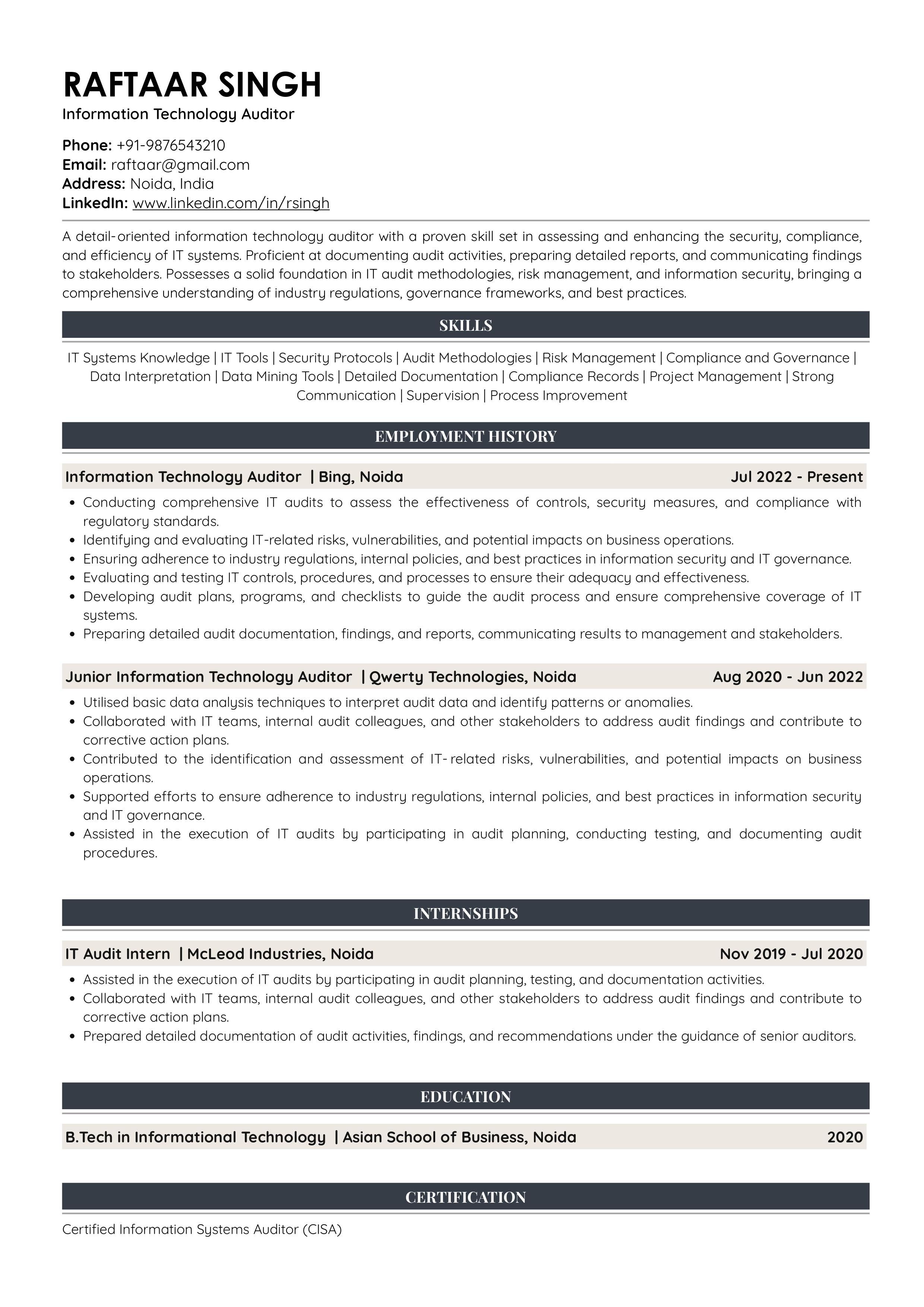 Sample Resume of Information Technology Auditor | Free Resume Templates & Samples on Resumod.co