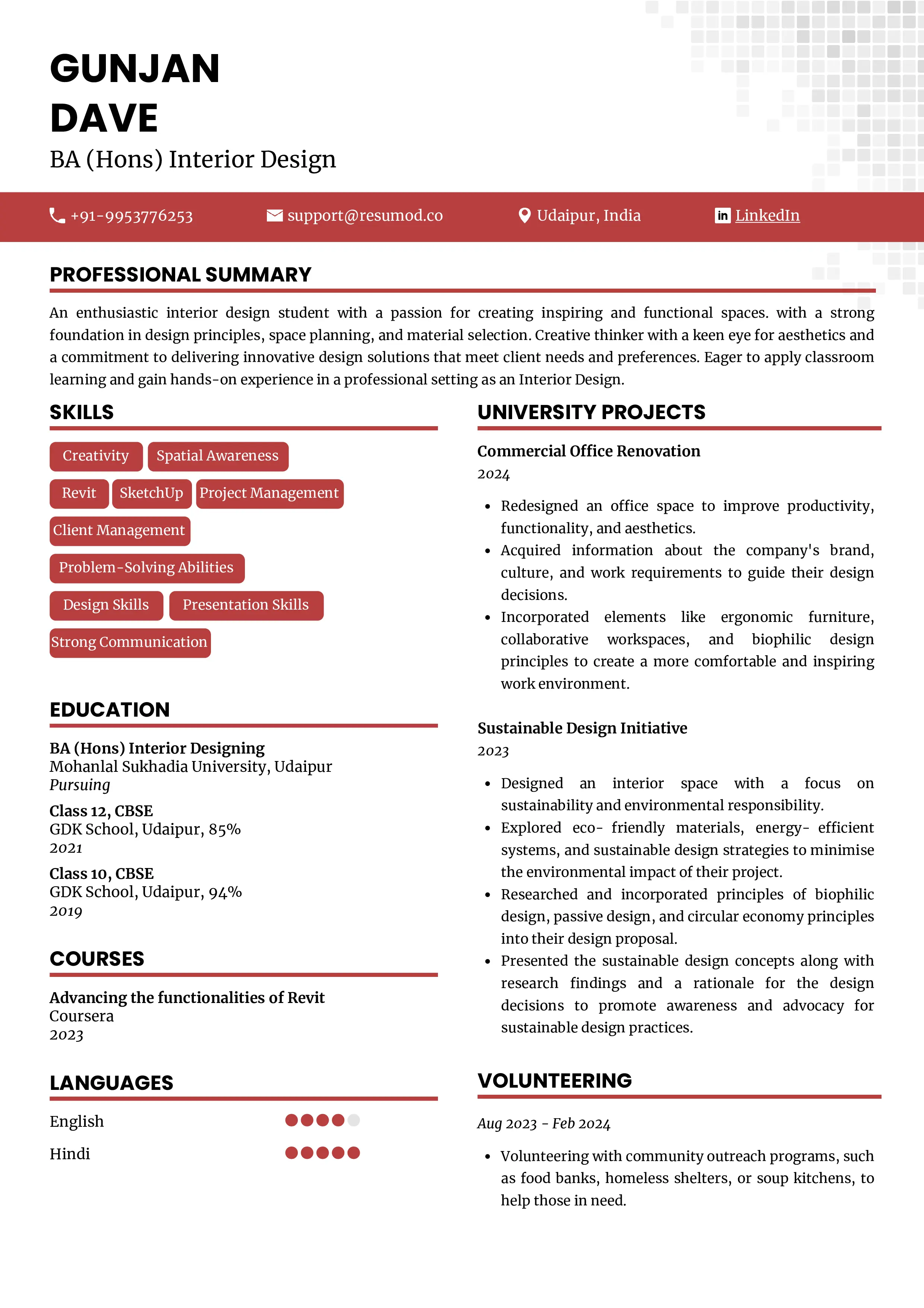 Sample Resume of BA (Hons) Interior Designer | Free Resume Templates & Samples on Resumod.co