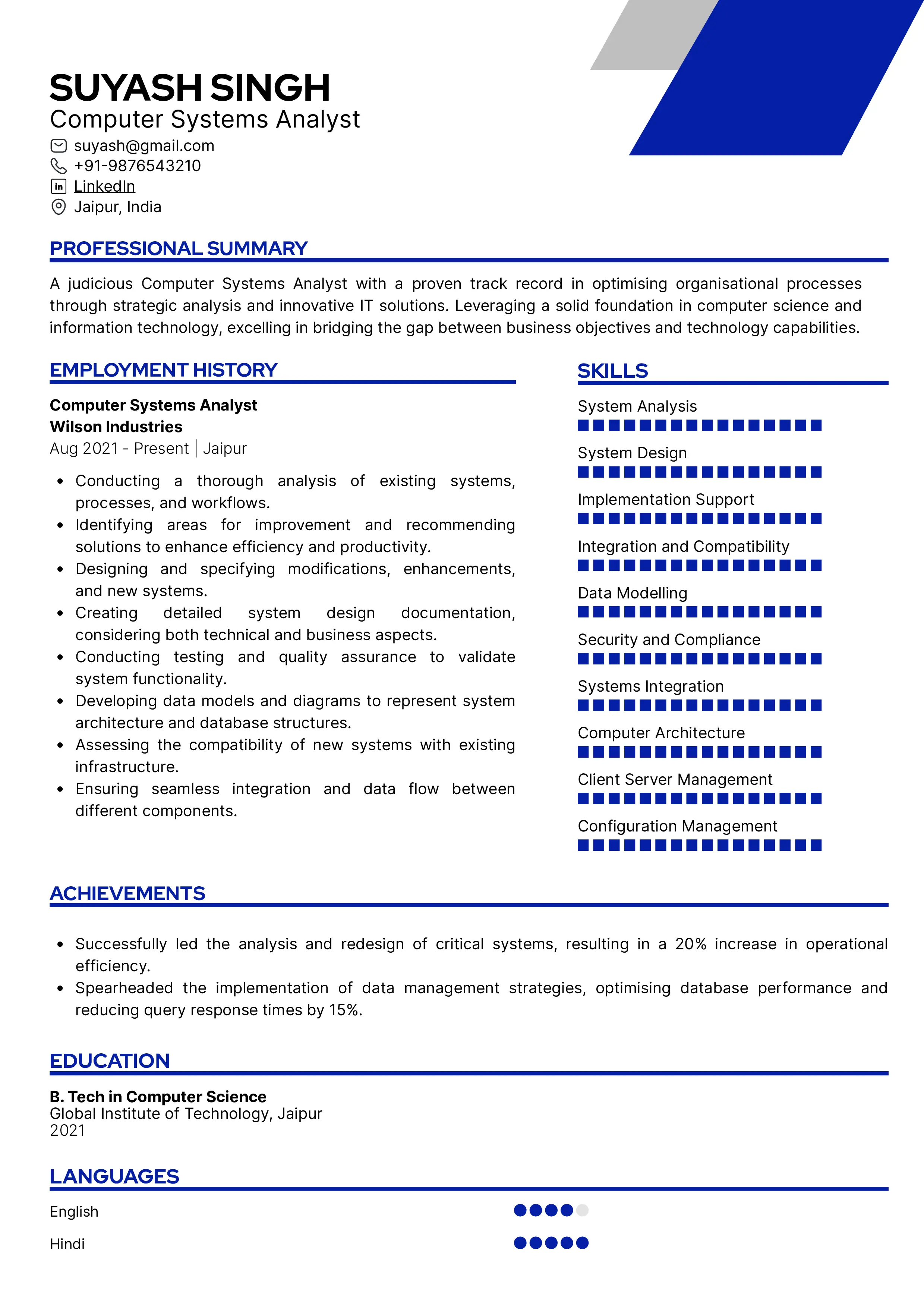 Sample Resume of Computer Systems Analyst | Free Resume Templates & Samples on Resumod.co