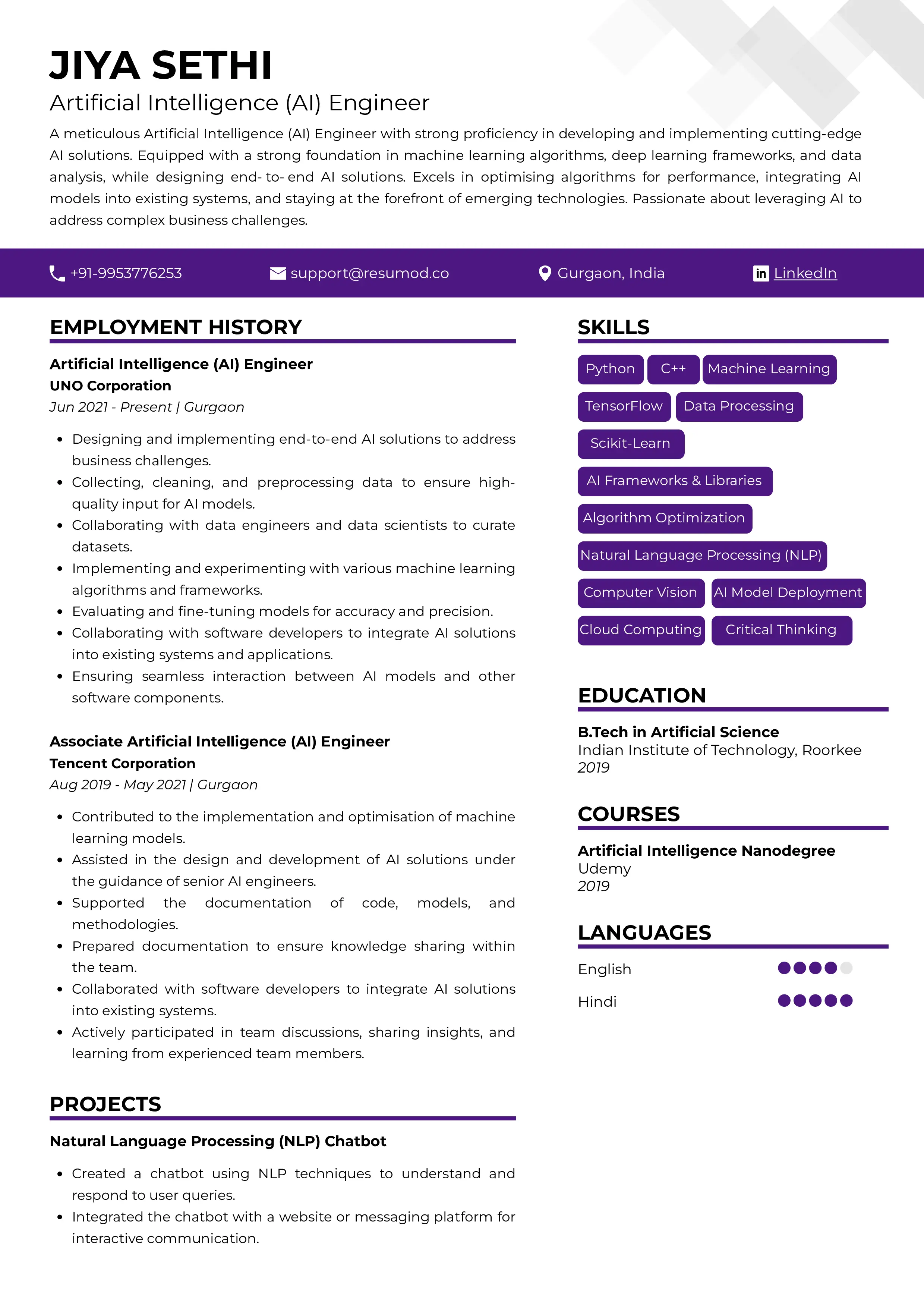 Sample Resume of Artificial Intelligence Engineer | Free Resume Templates & Samples on Resumod.co