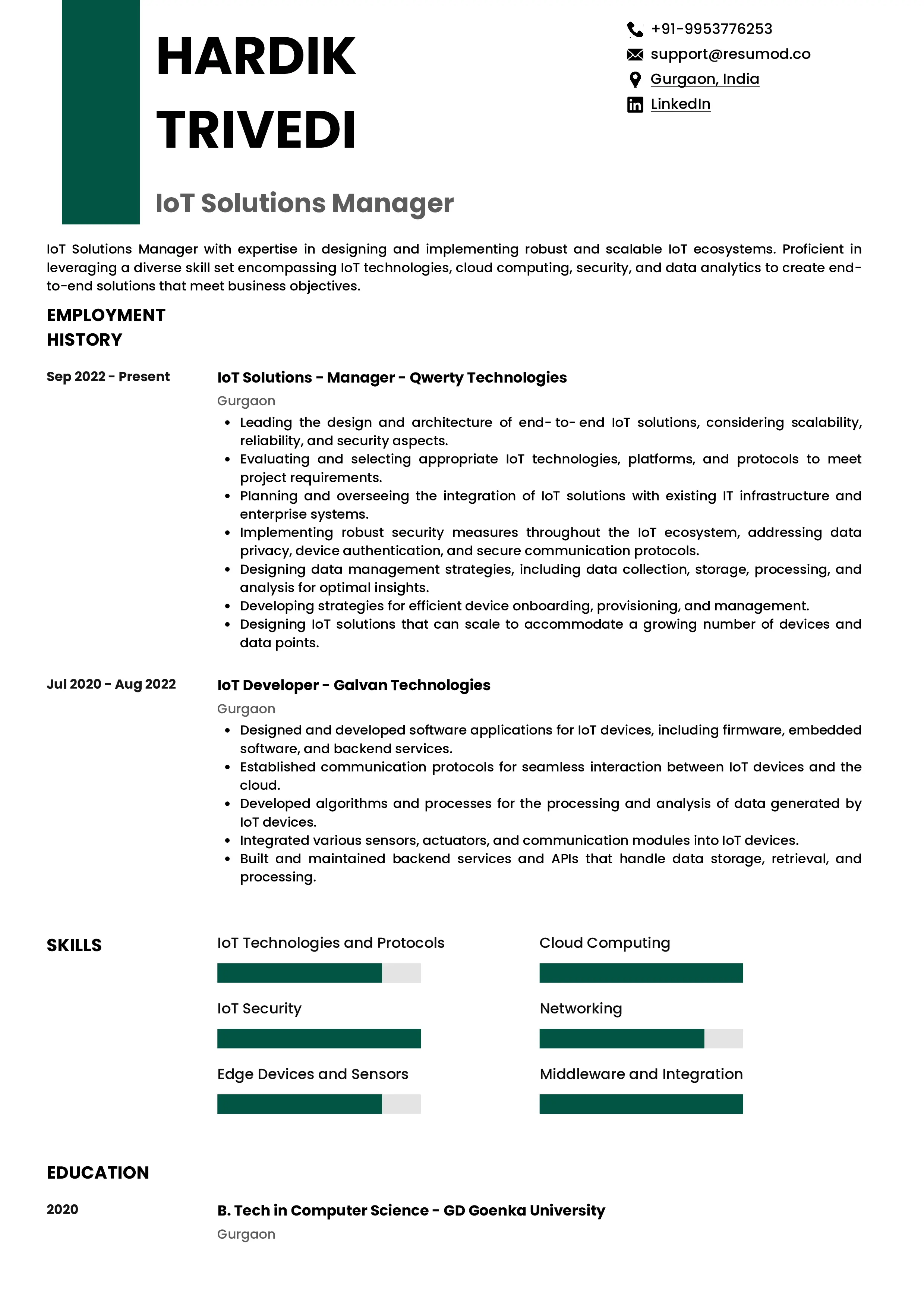 Sample Resume of IoT Solutions Manager | Free Resume Templates & Samples on Resumod.co