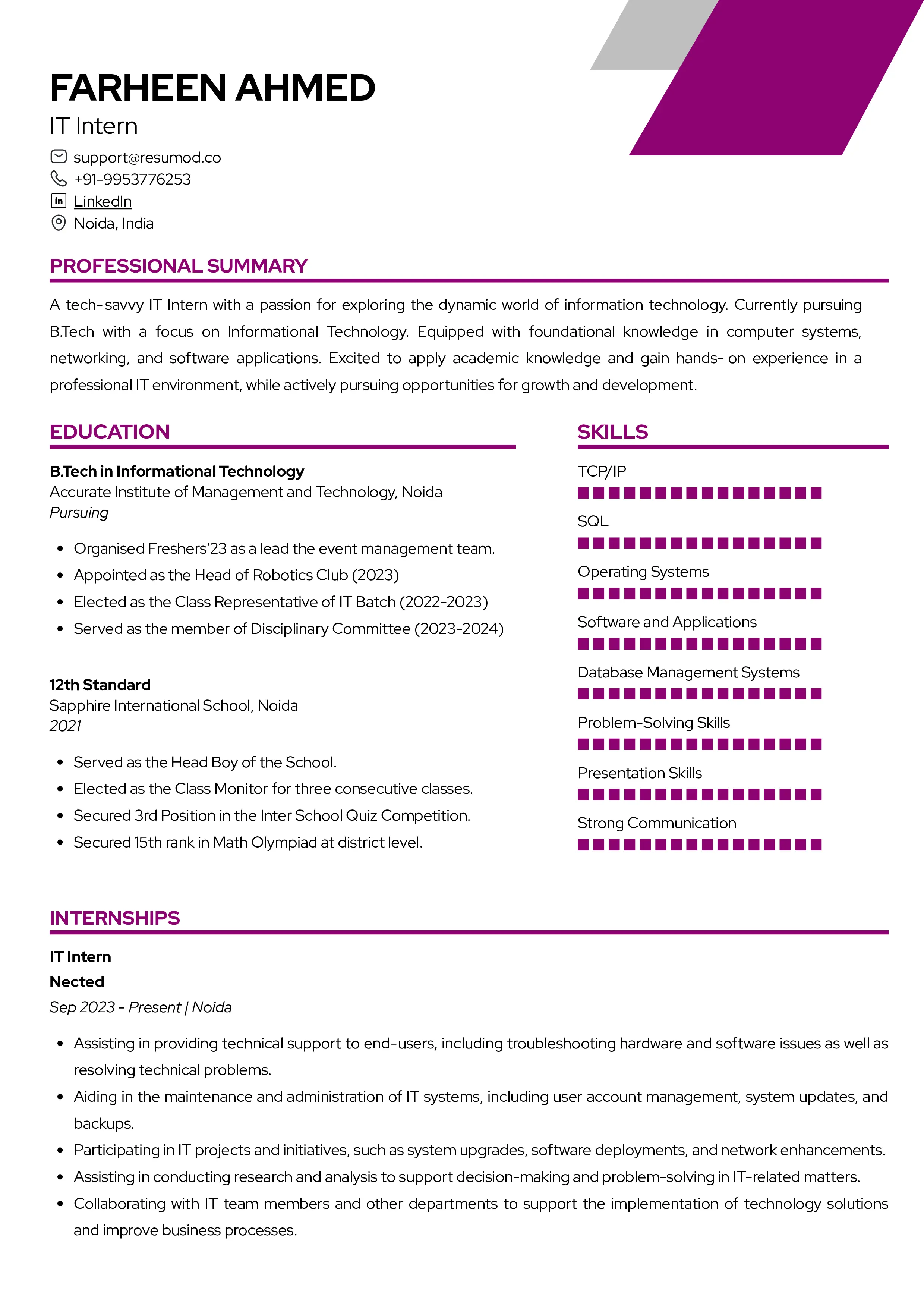 Sample Resume of IT Intern | Free Resume Templates & Samples on Resumod.co
