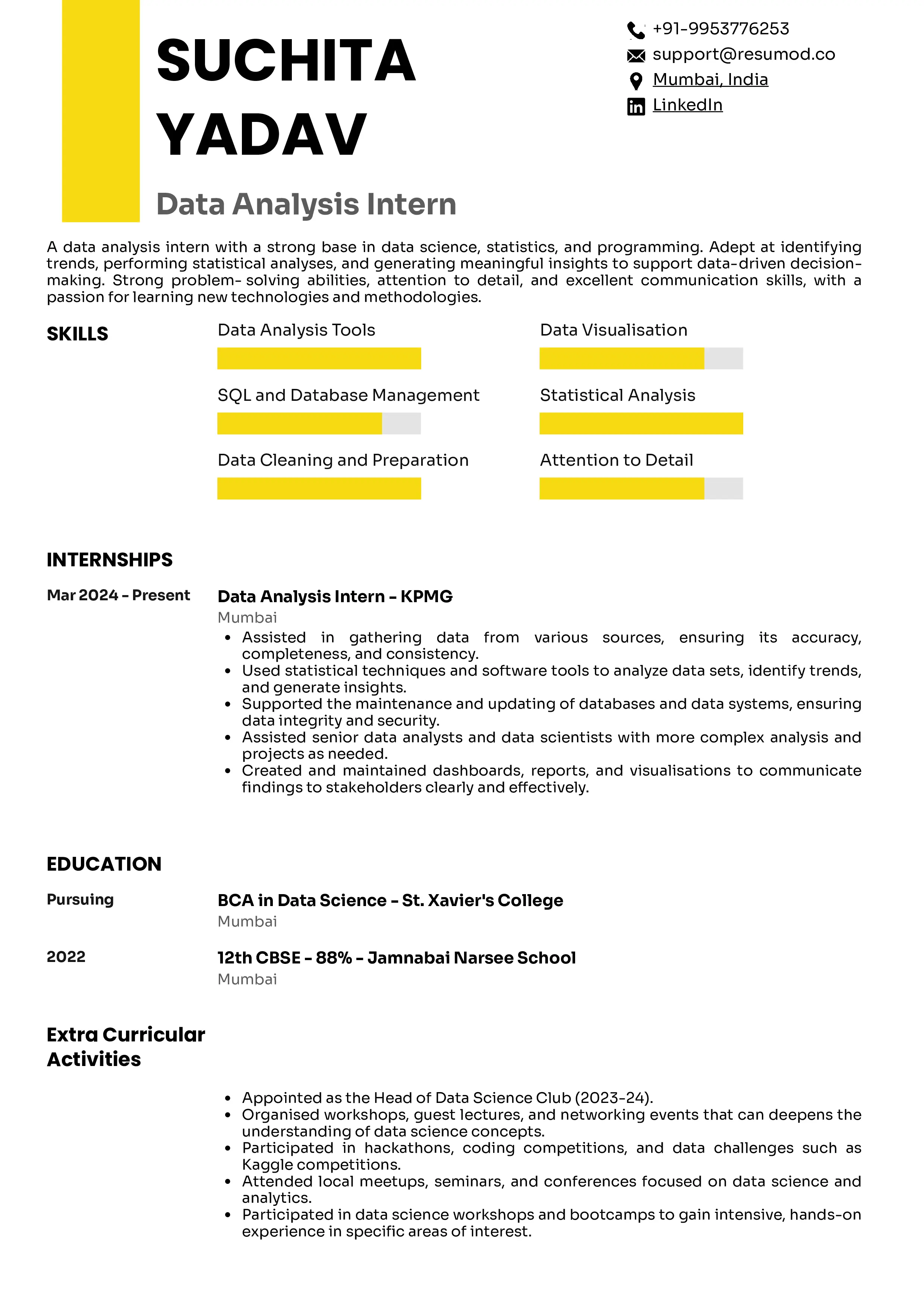 Sample Resume of Data Analysis Intern | Free Resume Templates & Samples on Resumod.co