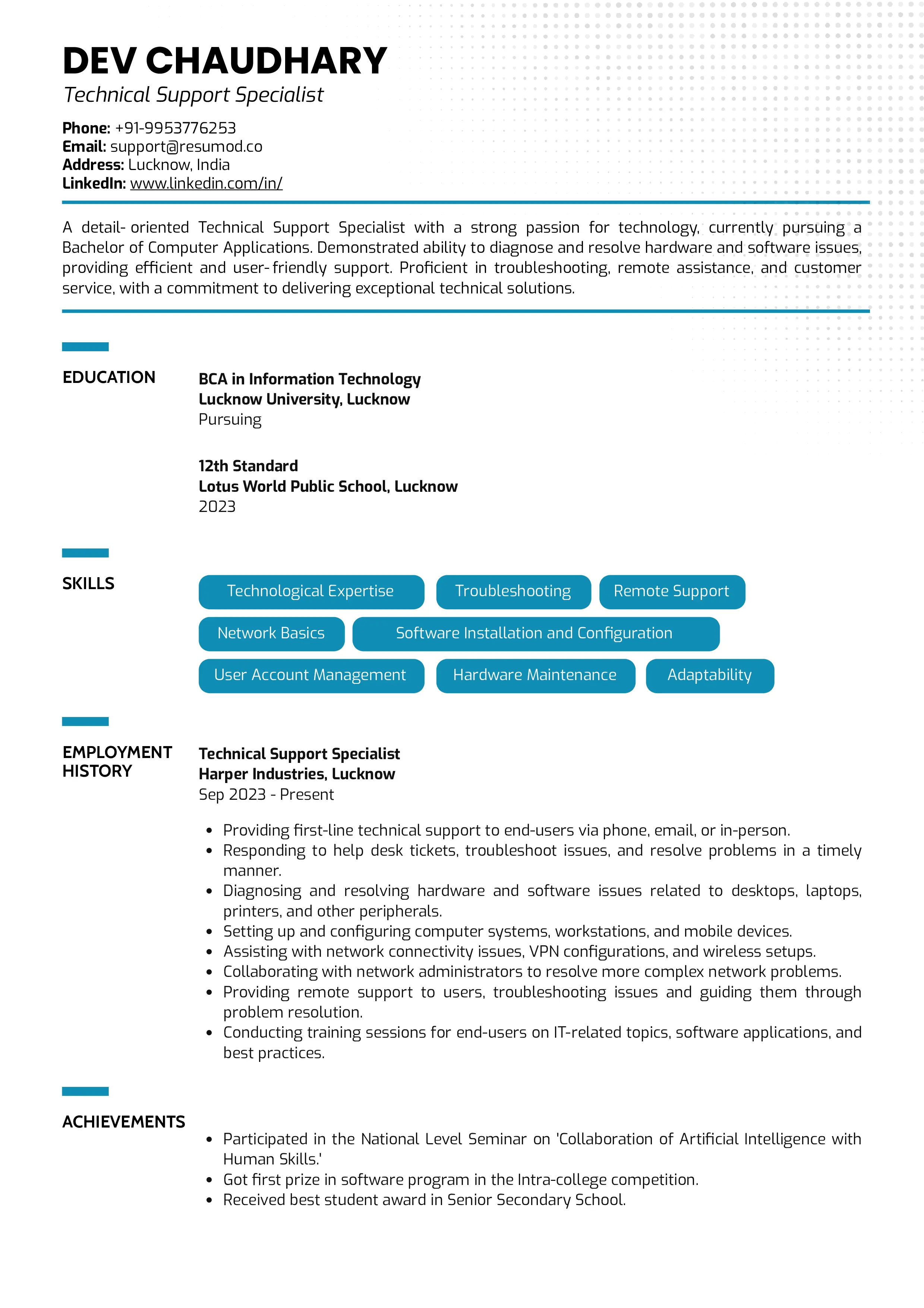 Sample Resume of Technical Support Specialist | Free Resume Templates & Samples on Resumod.co