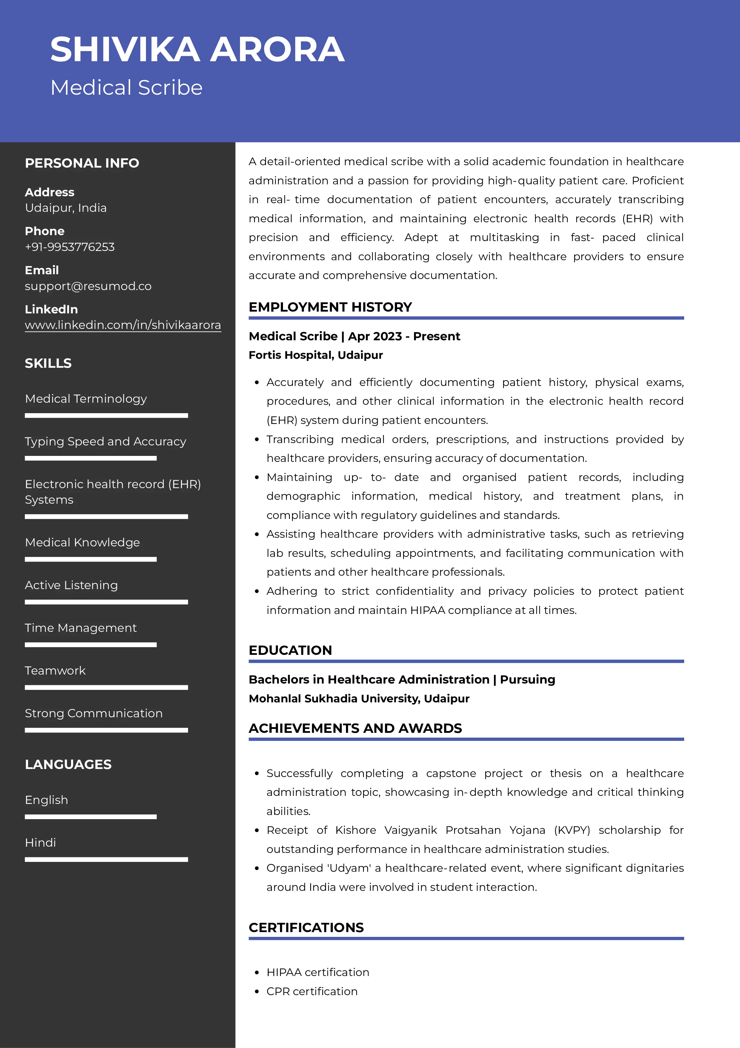Sample Resume of Medical Scribe | Free Resume Templates & Samples on Resumod.co