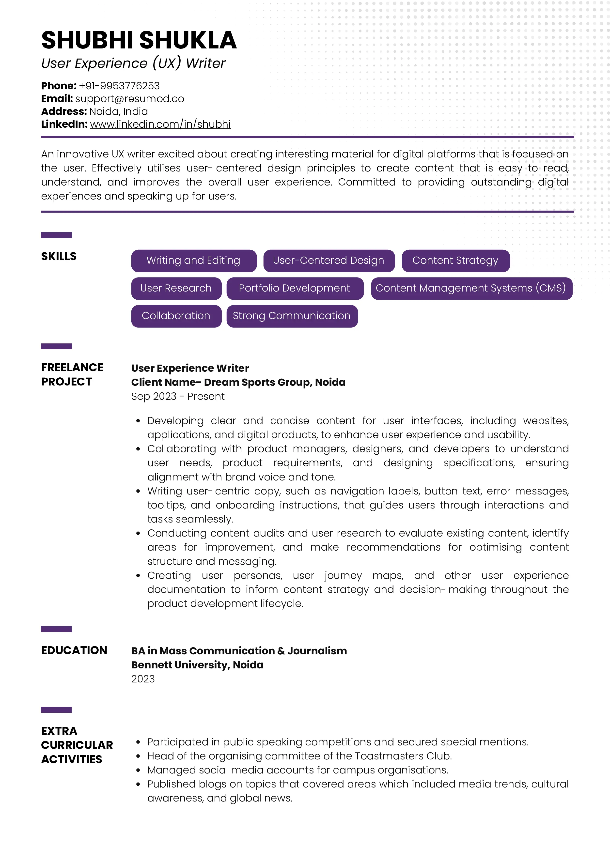 Sample Resume of User Experience Writer | Free Resume Templates & Samples on Resumod.co