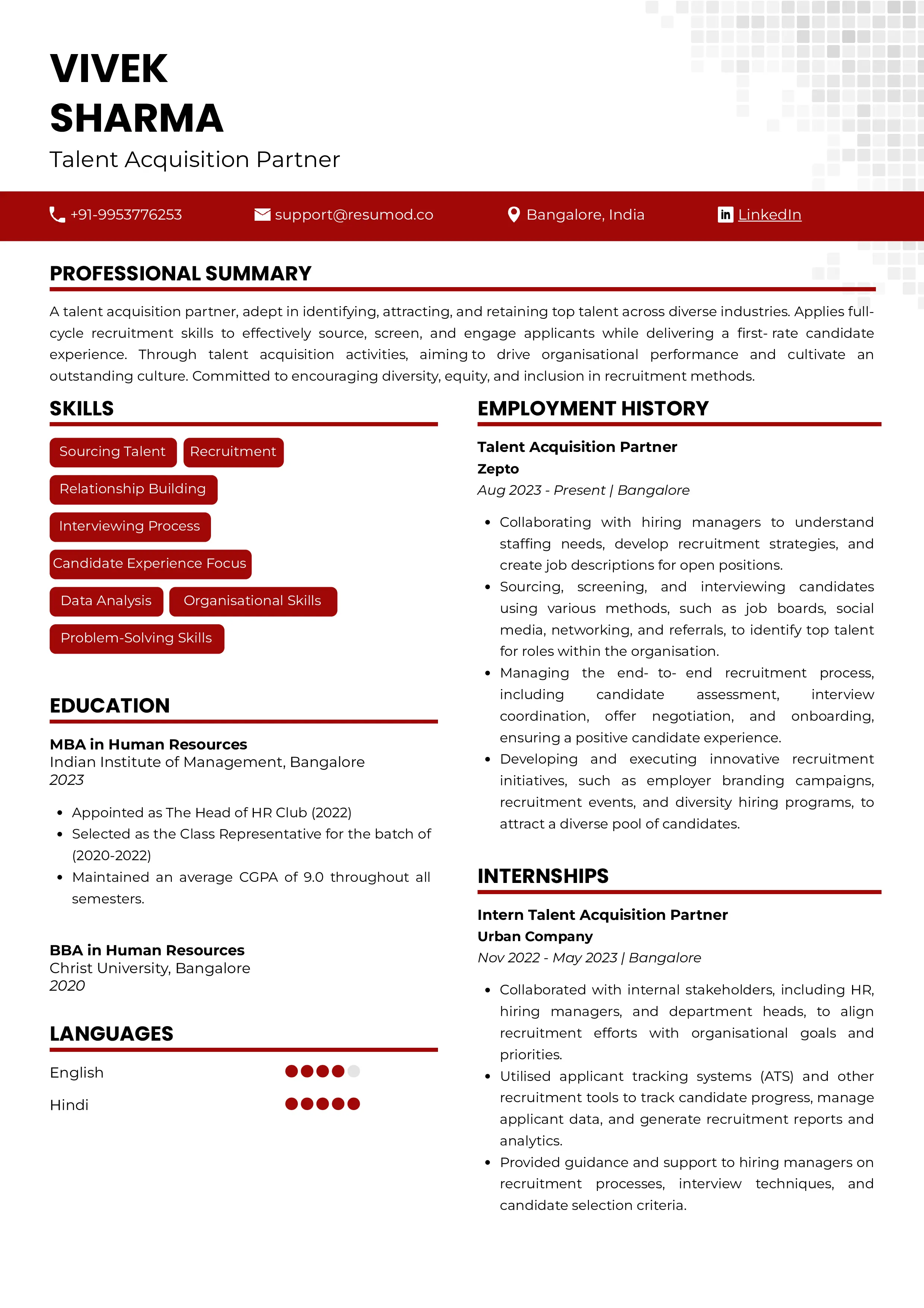 Sample Resume of Talent Acquisition Partner | Free Resume Templates & Samples on Resumod.co