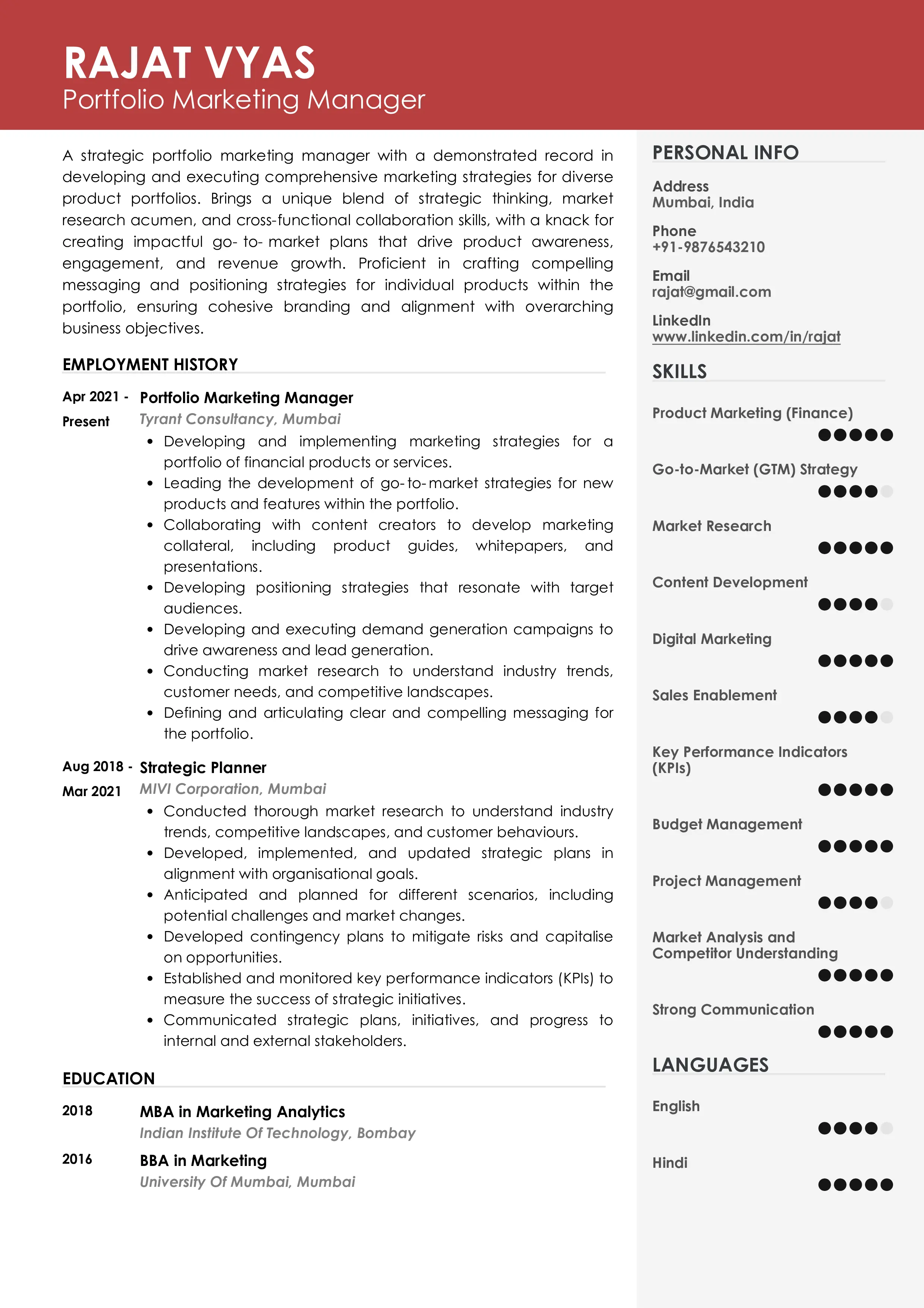 Sample Resume of Portfolio Marketing Manager | Free Resume Templates & Samples on Resumod.co