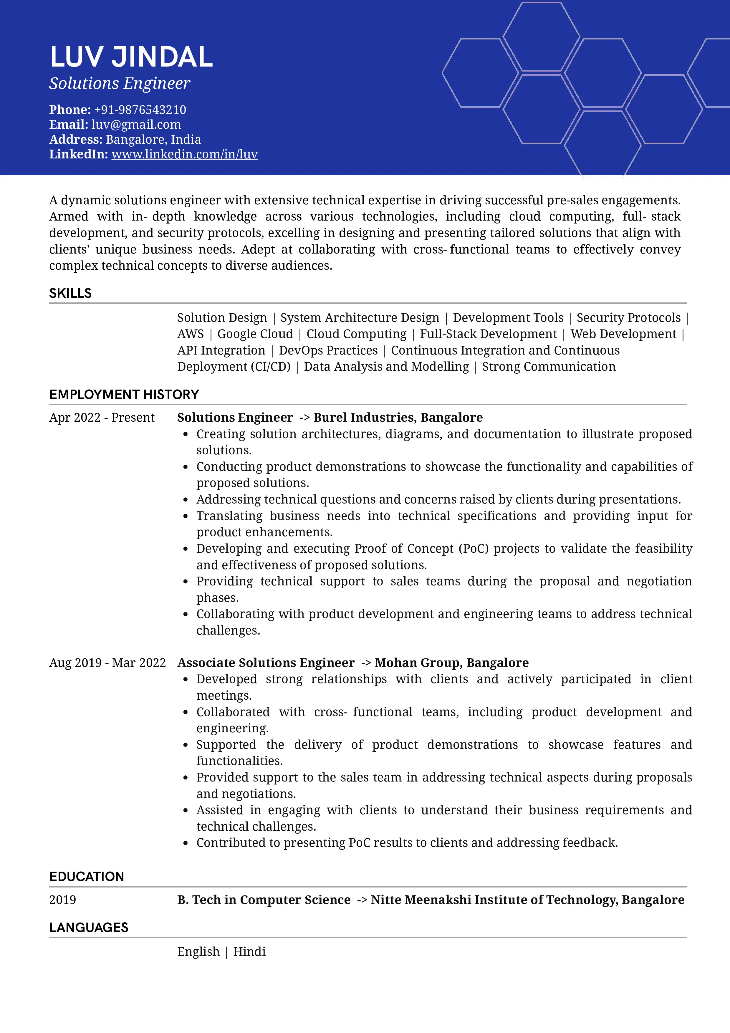 Sample Resume of Solutions Engineer | Free Resume Templates & Samples on Resumod.co