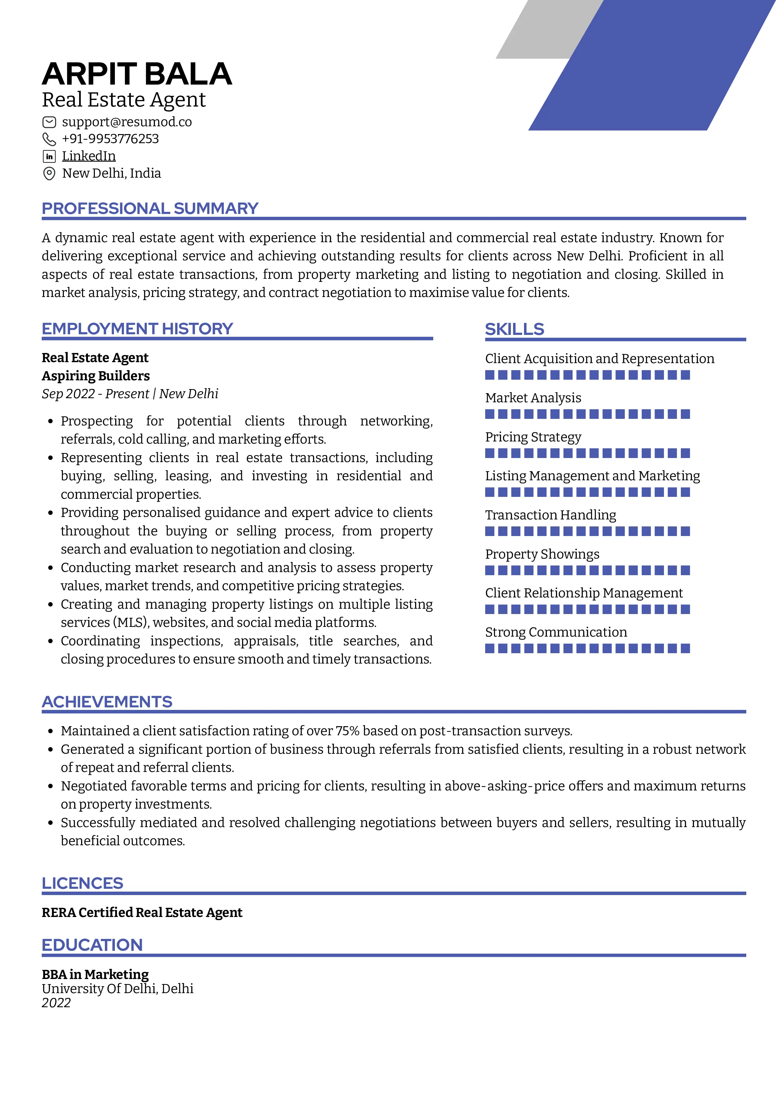 Sample Resume of Real Estate Agent | Free Resume Templates & Samples on Resumod.co