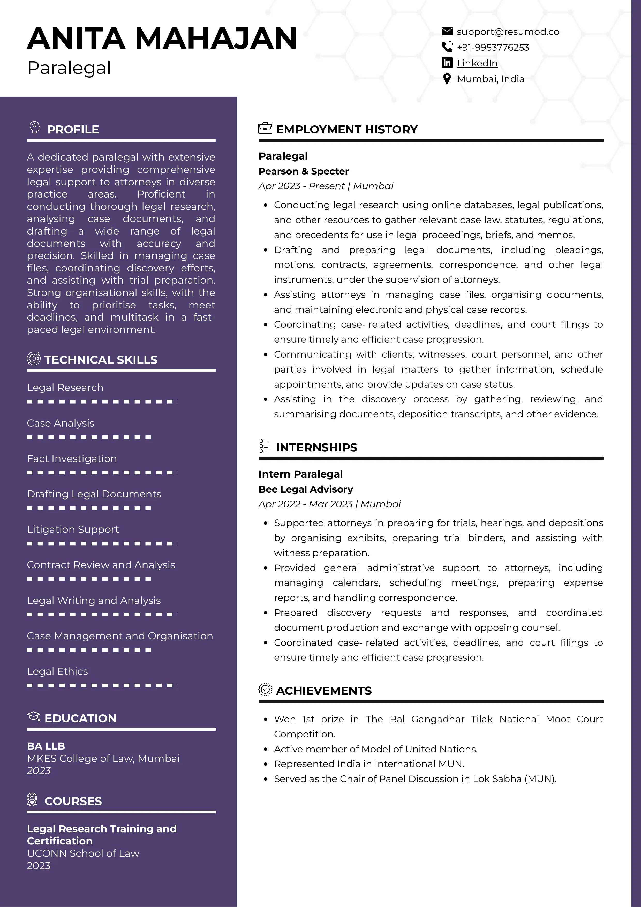 Sample Resume of Paralegal | Free Resume Templates & Samples on Resumod.co