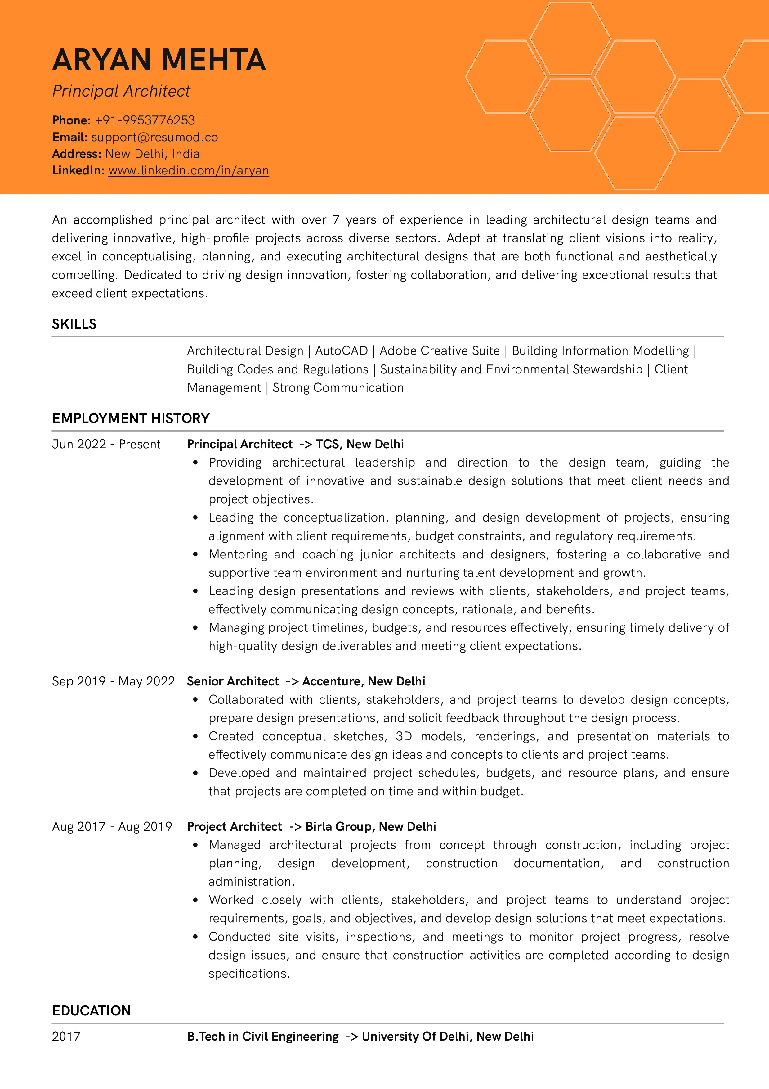 Sample Resume of Principal Architect | Free Resume Templates & Samples on Resumod.co