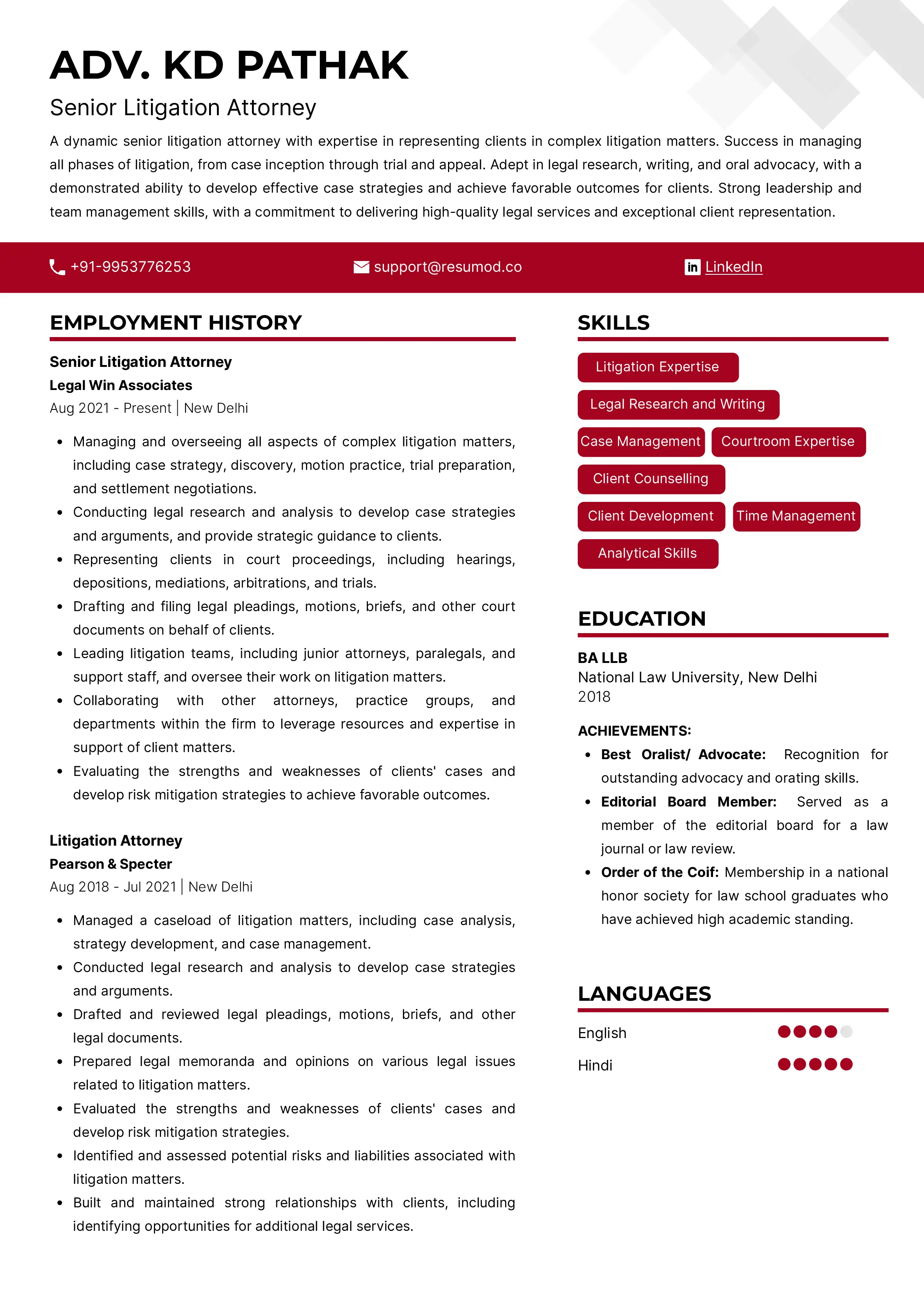 Sample Resume of Senior Litigation Attorney | Free Resume Templates & Samples on Resumod.co