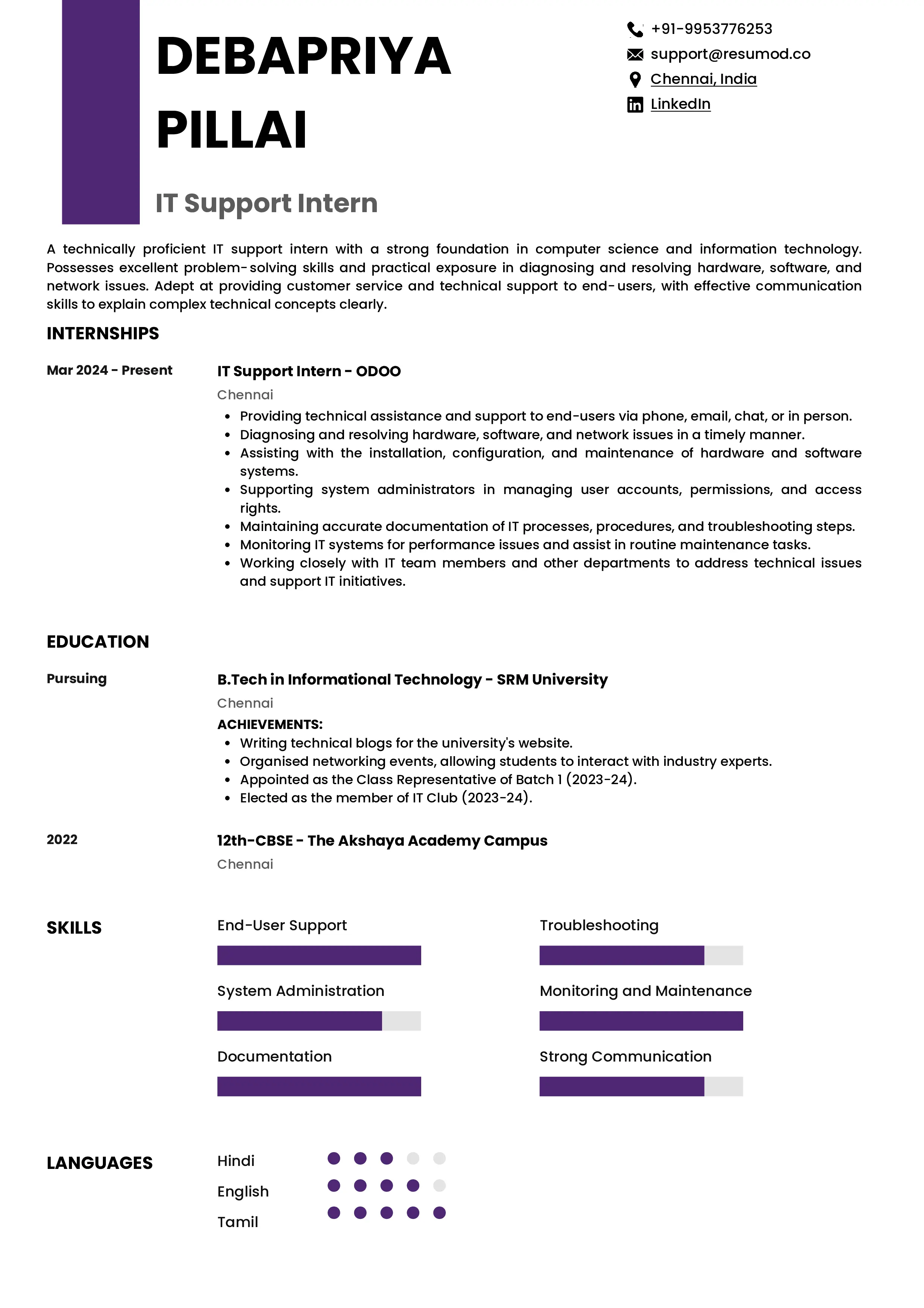 Sample Resume of IT Support Intern | Free Resume Templates & Samples on Resumod.co