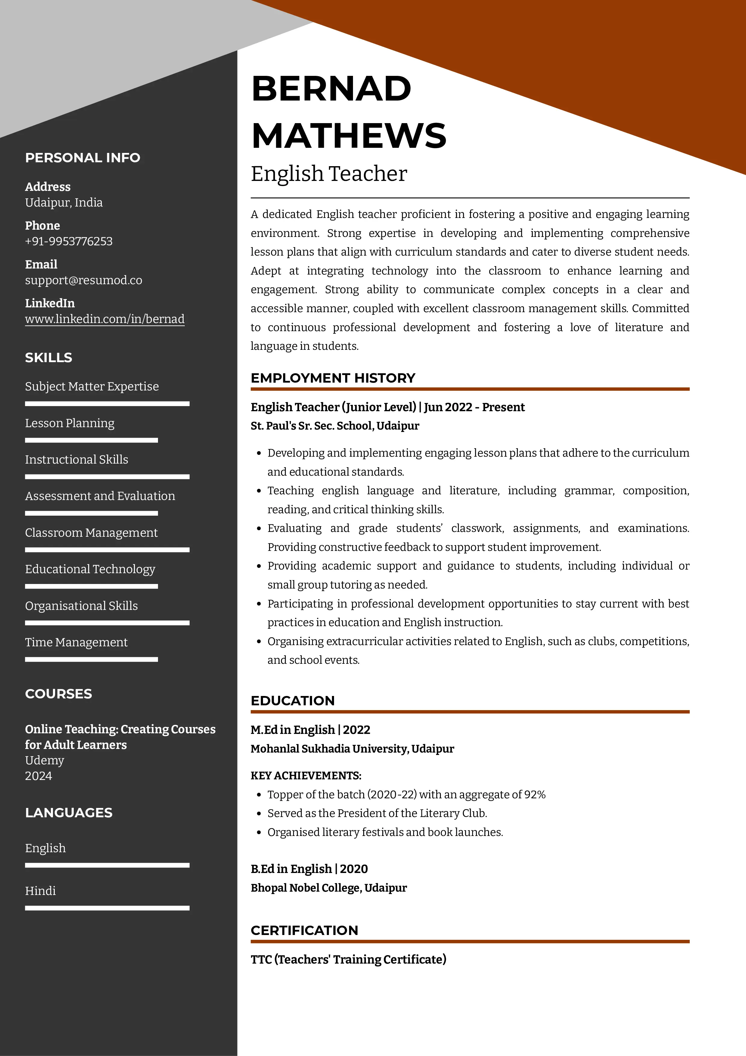 Sample Resume of English Teacher | Free Resume Templates & Samples on Resumod.co