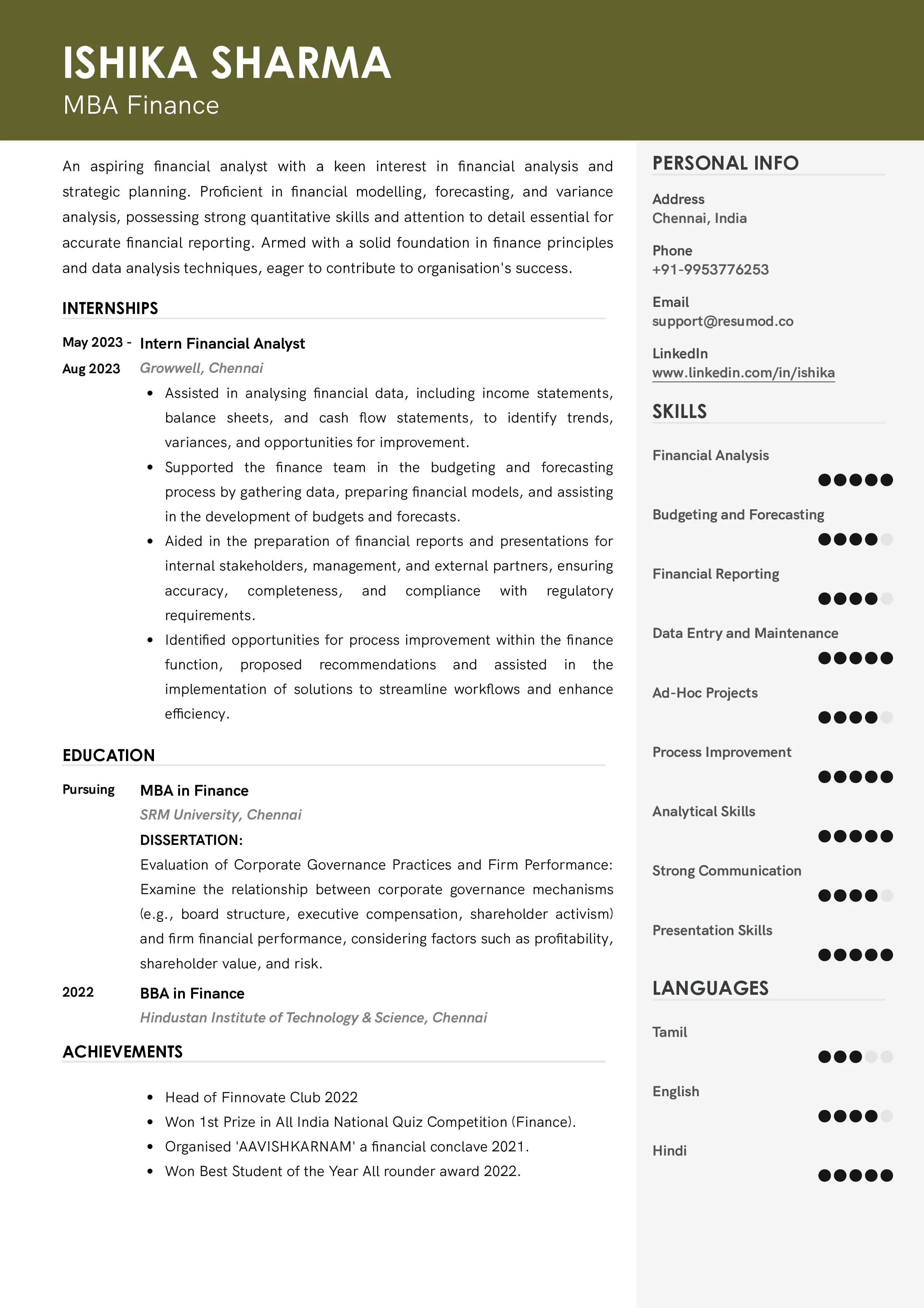 Sample Resume of MBA Finance | Free Resume Templates & Samples on Resumod.co