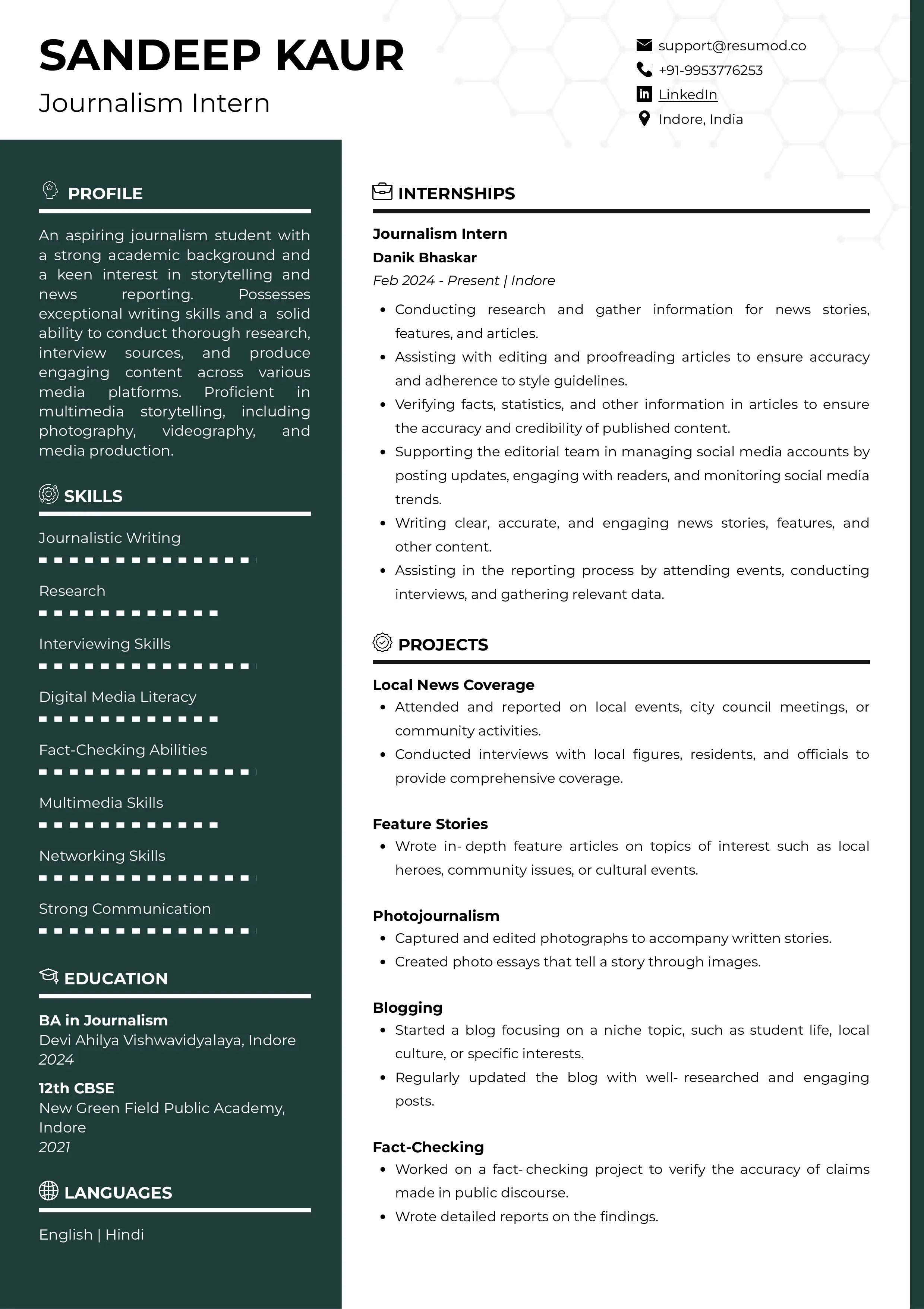 Sample Resume of Journalism Intern | Free Resume Templates & Samples on Resumod.co