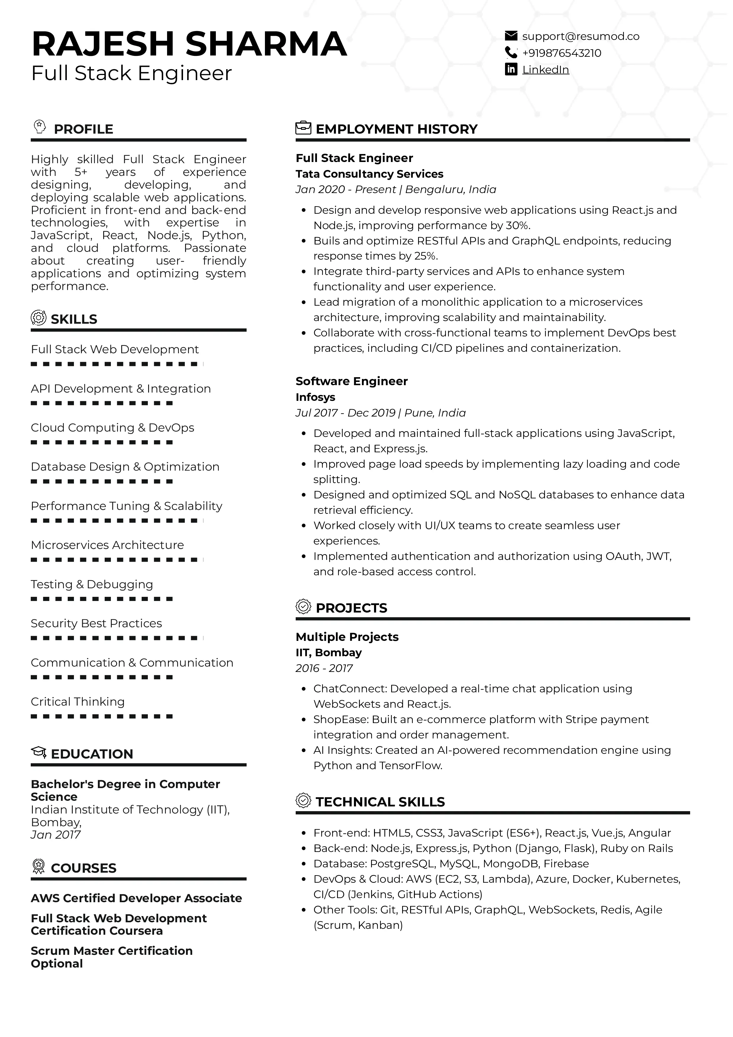 Sample Resume of Full Stack Engineer | Free Resume Templates & Samples on Resumod.co