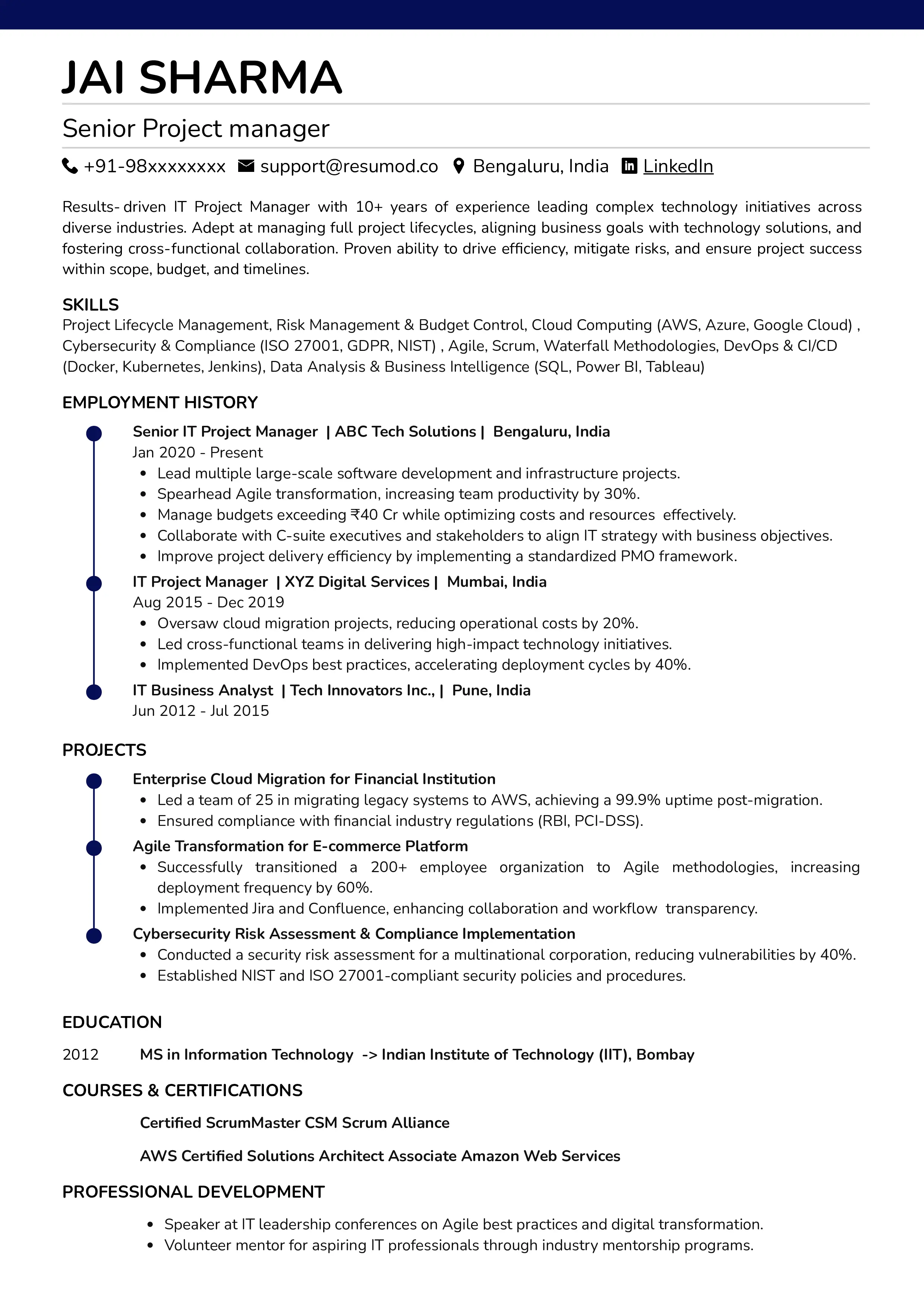 Sample Resume of IT Project Manager | Free Resume Templates & Samples on Resumod.co