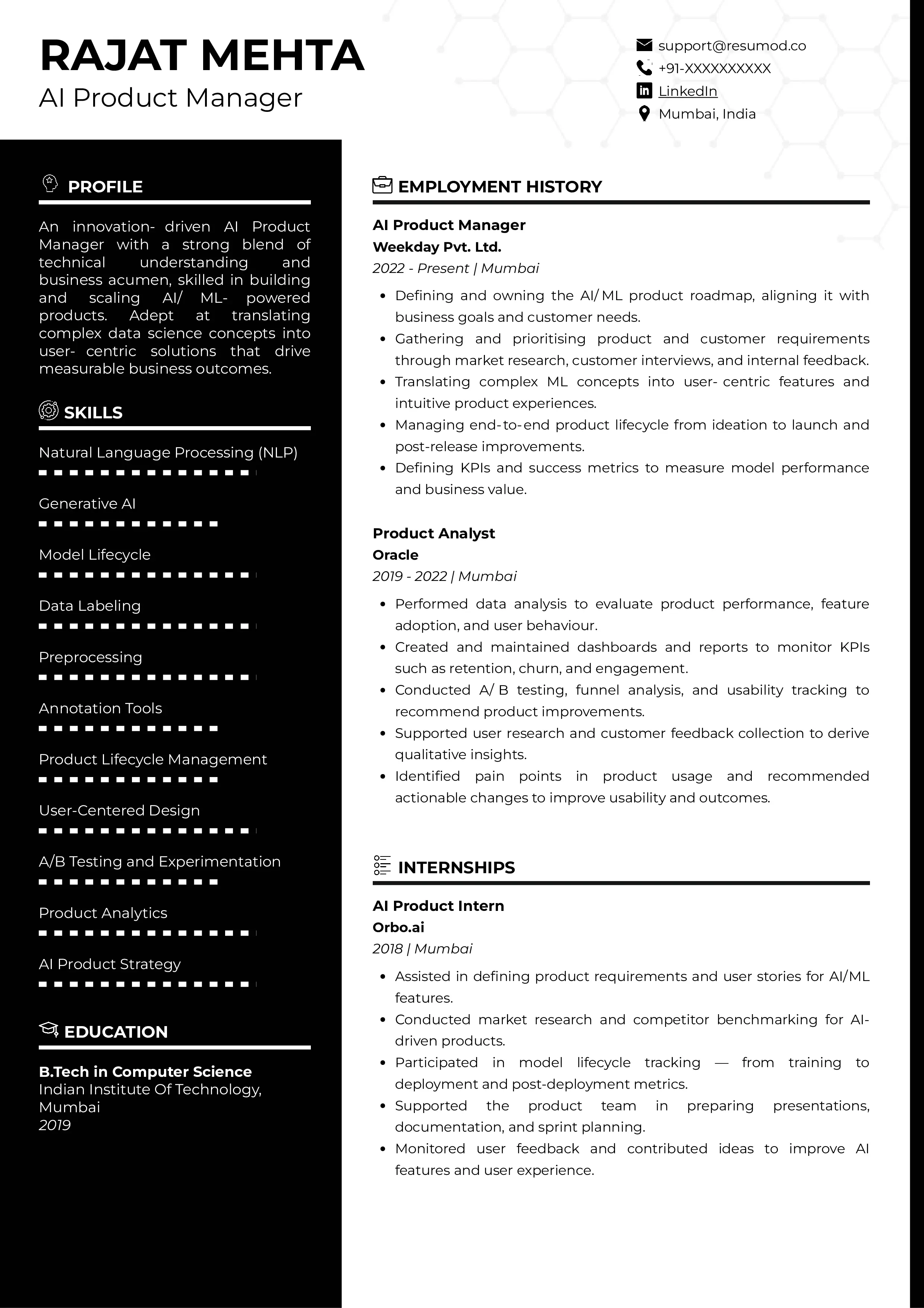 Sample Resume of AI Product Manager | Free Resume Templates & Samples on Resumod.co