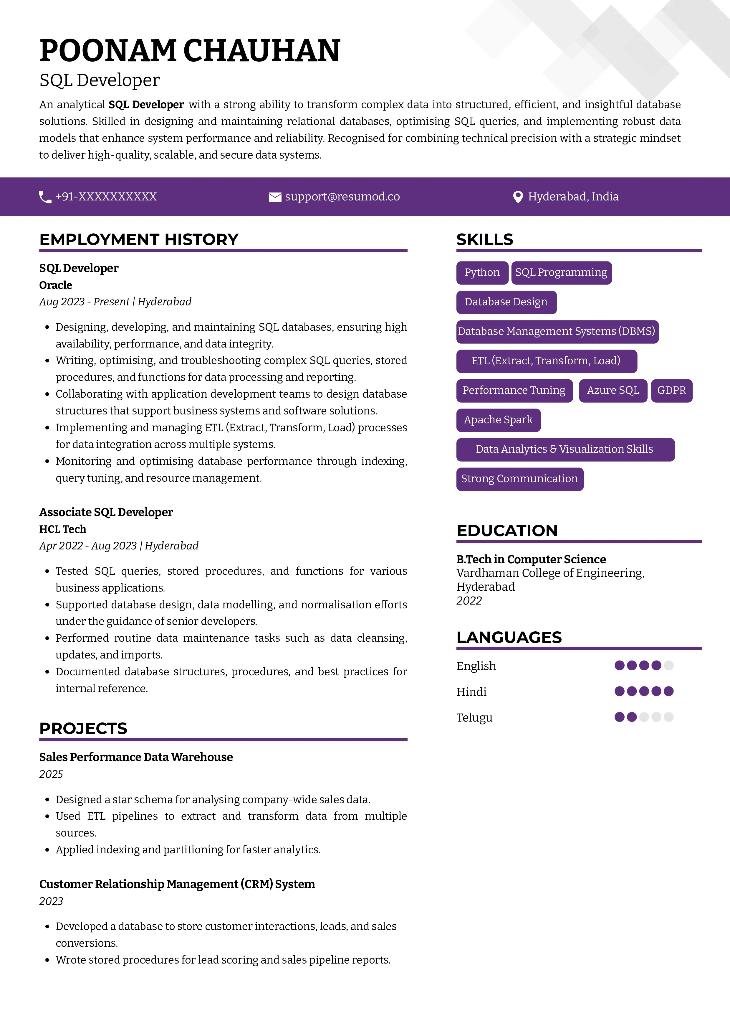 Sample Resume of SQL Developer | Free Resume Templates & Samples on Resumod.co